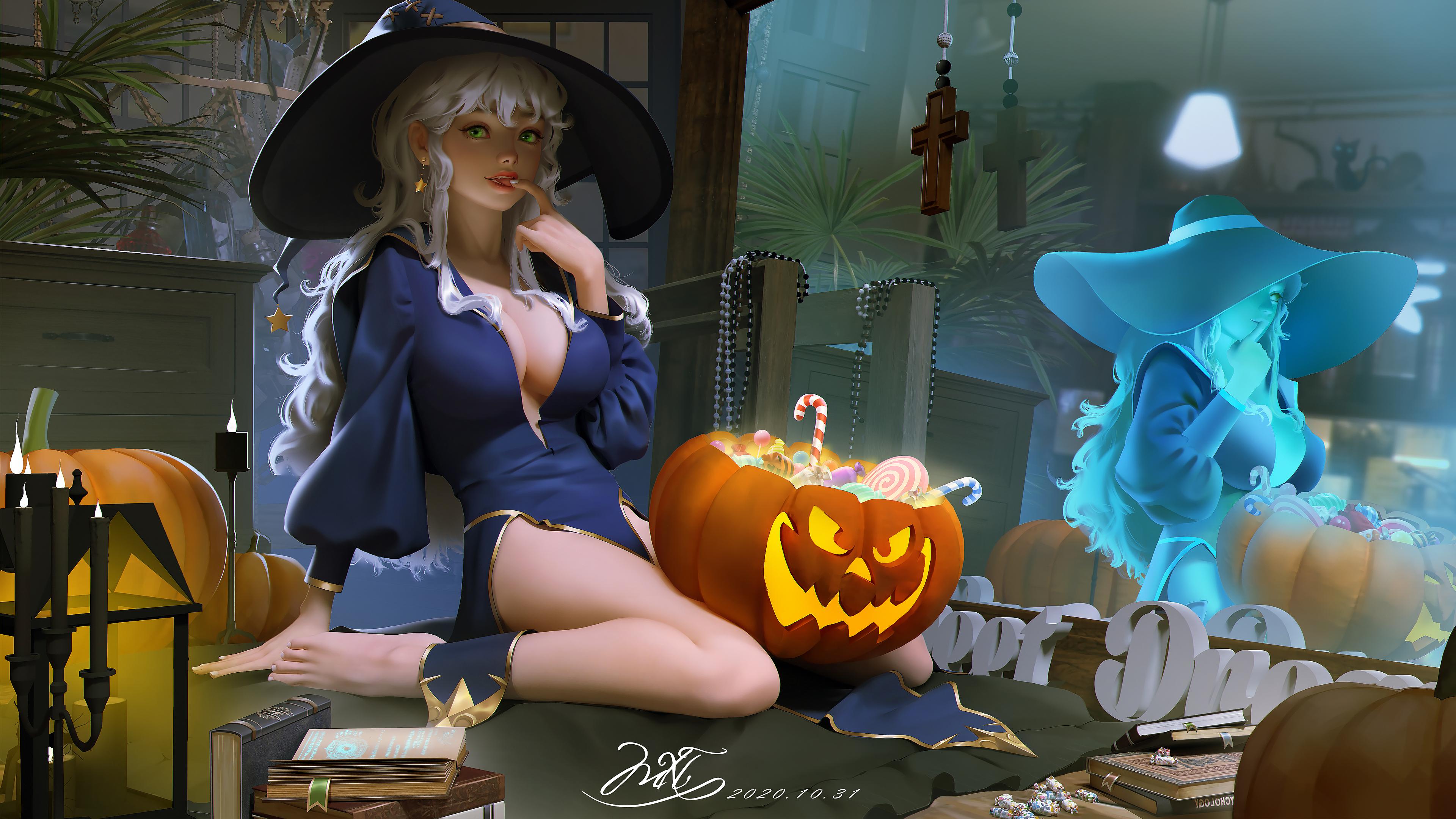Anime Girls Halloween Hat Candy Sweets Reflection Witch Hat Pumpkin Digital Art 3840x2160