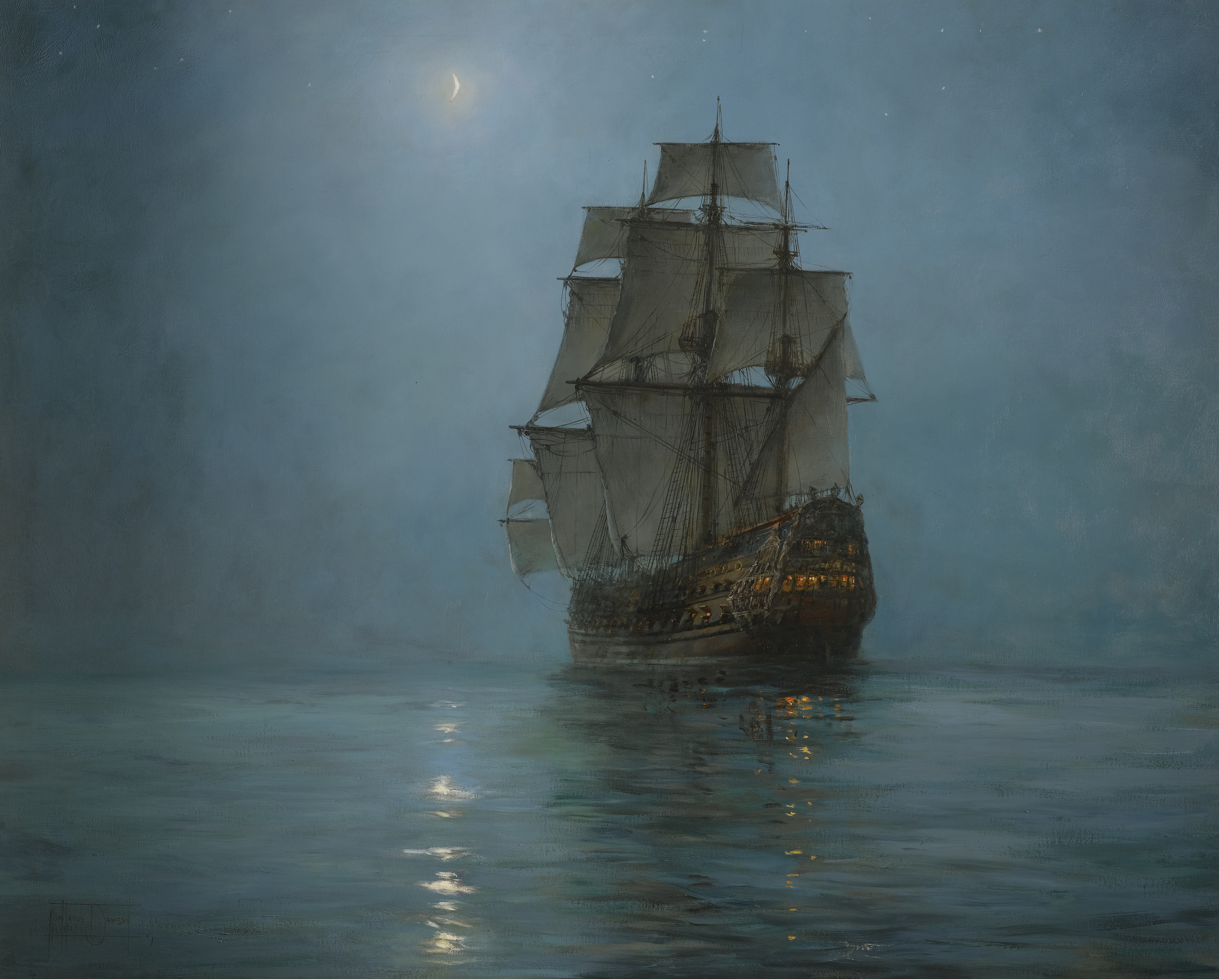 Oil Painting Ship Sailing Ship Montague Dawson Water Artwork Moon 4000x3212