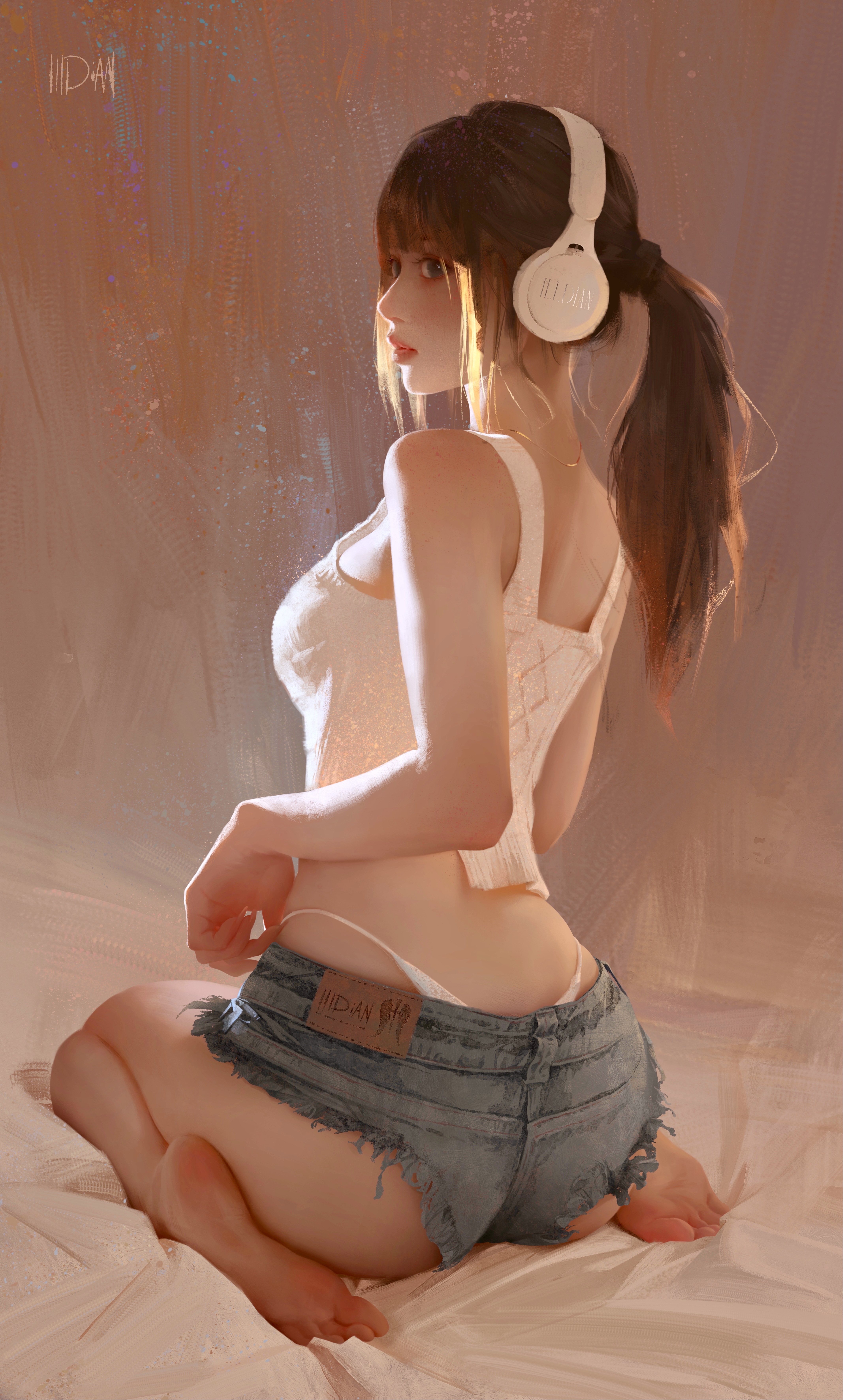 ILLDiAN Legs Artwork Women Brunette Headphones Tank Top Jean Shorts Barefoot Rear View Looking Over  4269x7087