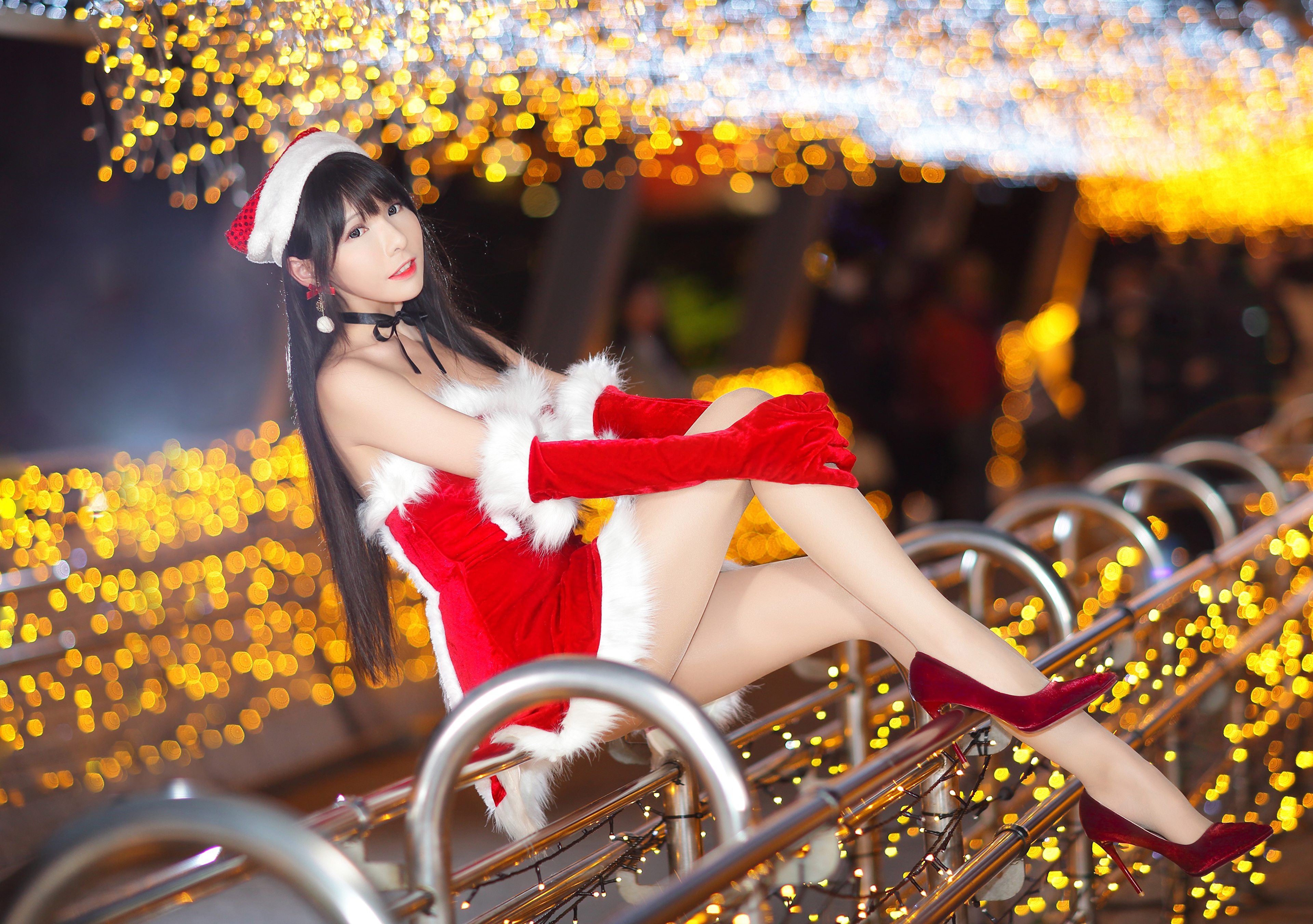 Asian Model Women Long Hair Dark Hair Sitting High Heels Christmas Christmas Dress Vicky Asian Model 3840x2703