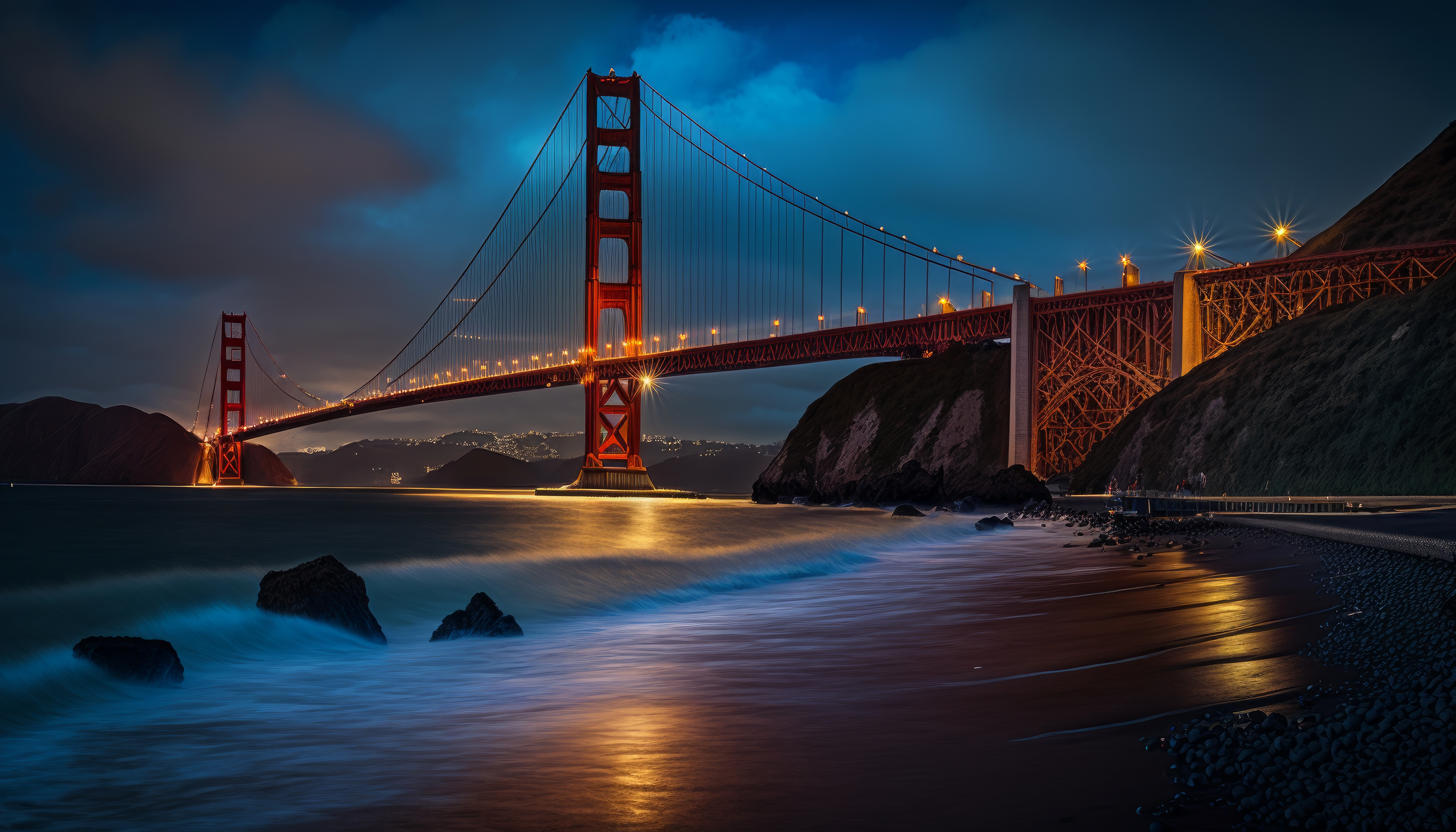 Ai Art Golden Gate Bridge Beach Blue Hour Bridge Water Clouds Night Lights 4579x2616