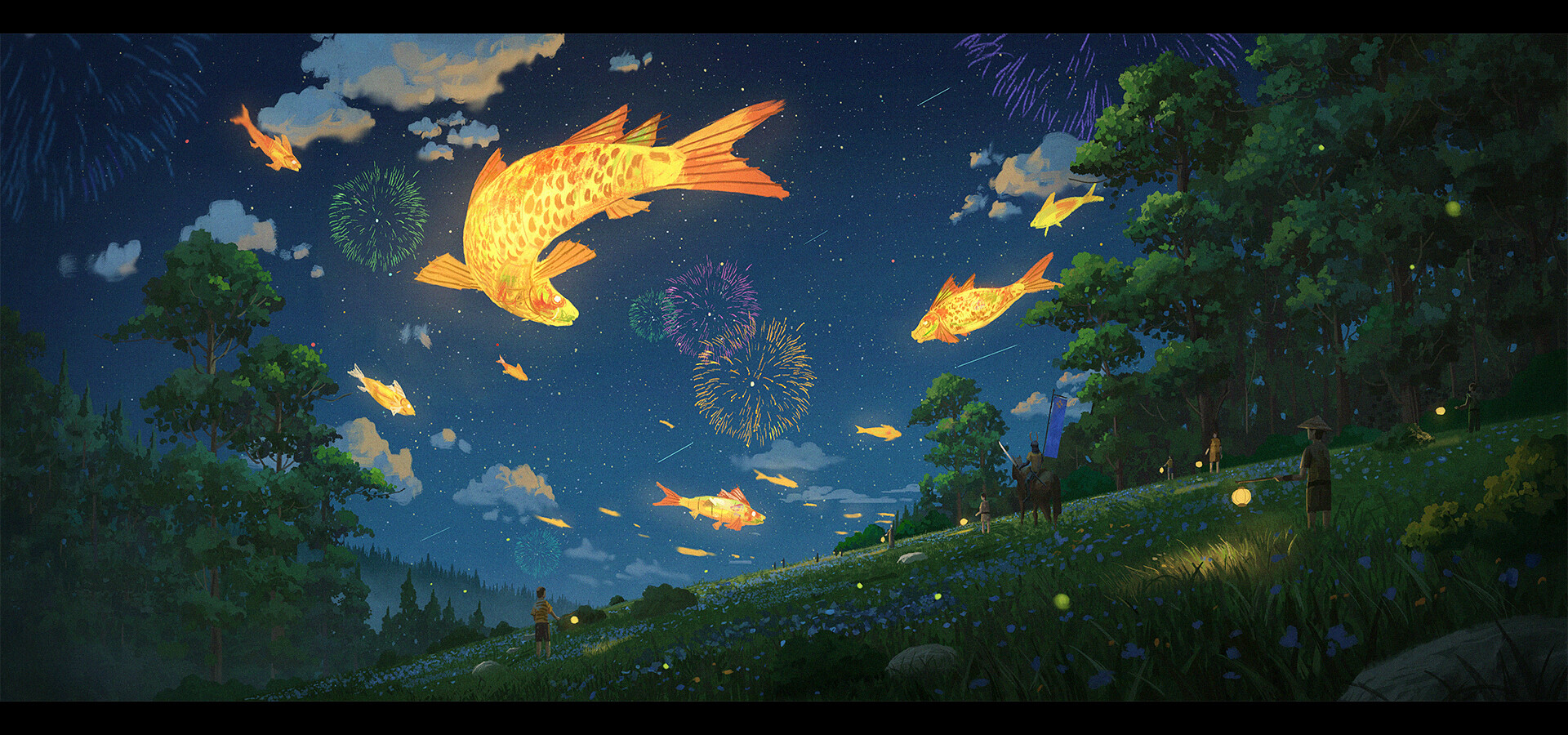 Concept Art Digital Art Environment Night Fish Fireworks Surreal Fantastic Realism Sky Stars Trees A 1920x900