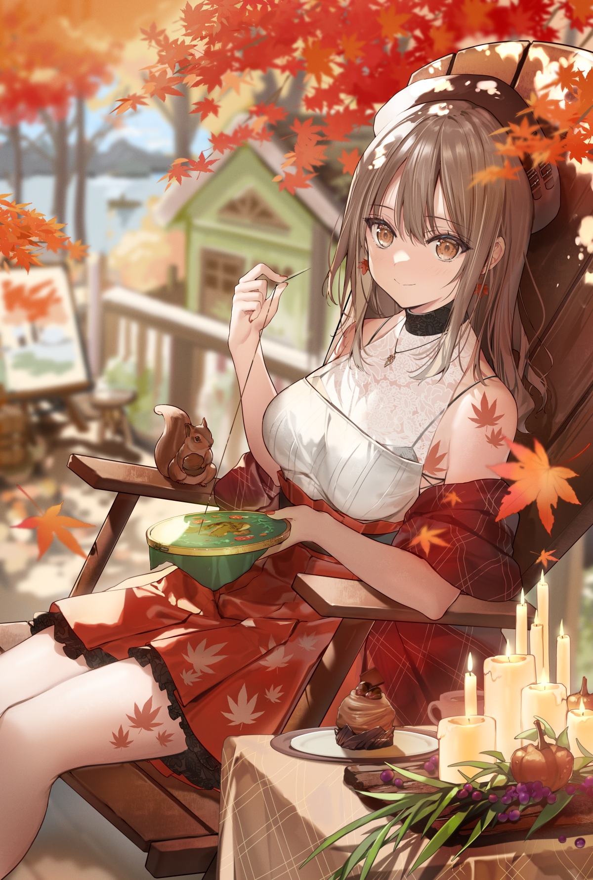 Anime Anime Girls Candles Leaves Squirrel 1200x1780