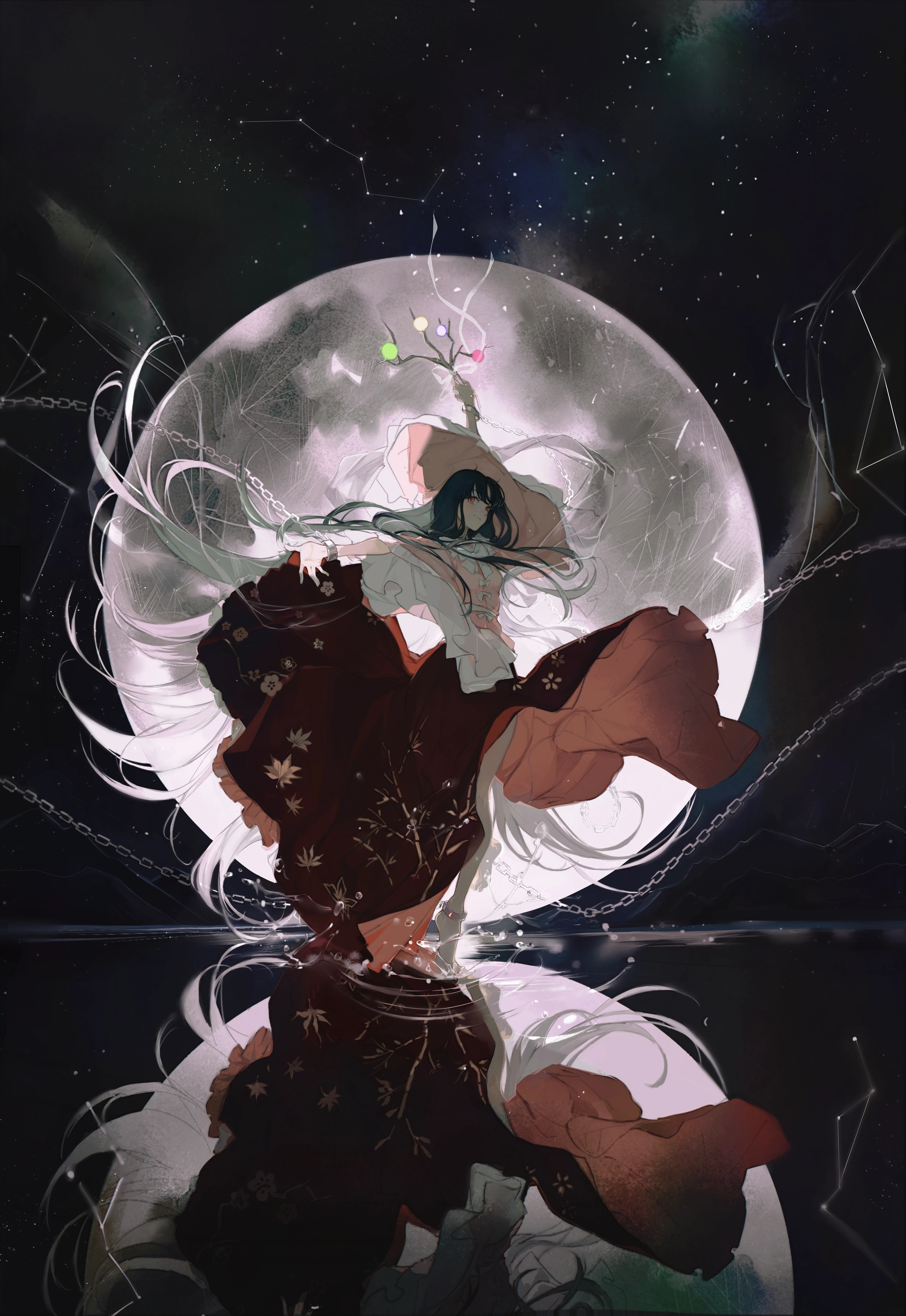 Anime Anime Girls Portrait Display Moon Reflection Moonlight Dress Looking At Viewer Long Hair Chain 3960x5749