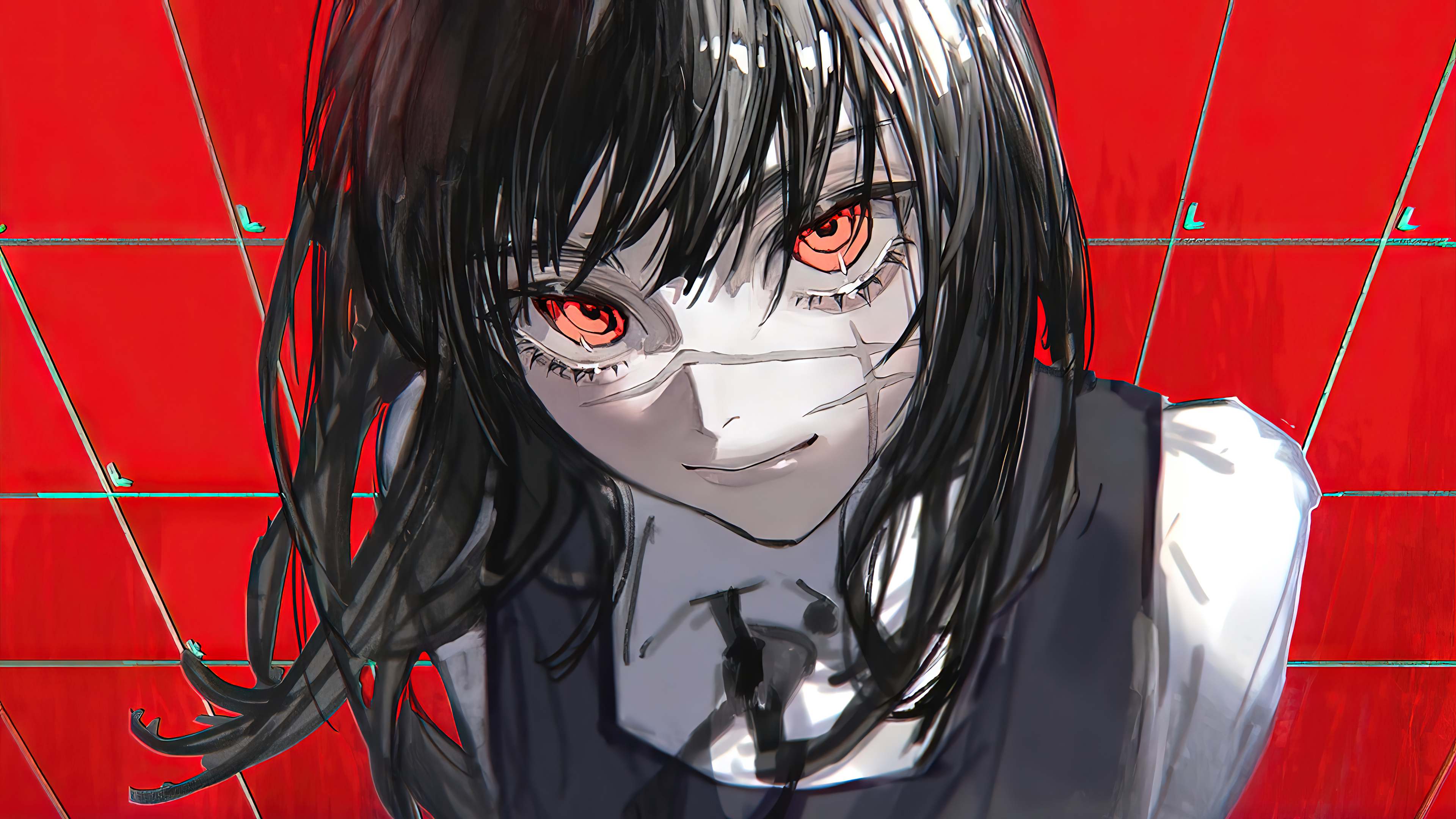 Chainsaw Man Misaka Asa Scars Black Hair School Uniform Red Eyes Smile Looking At Viewer Red Backgro 3840x2160