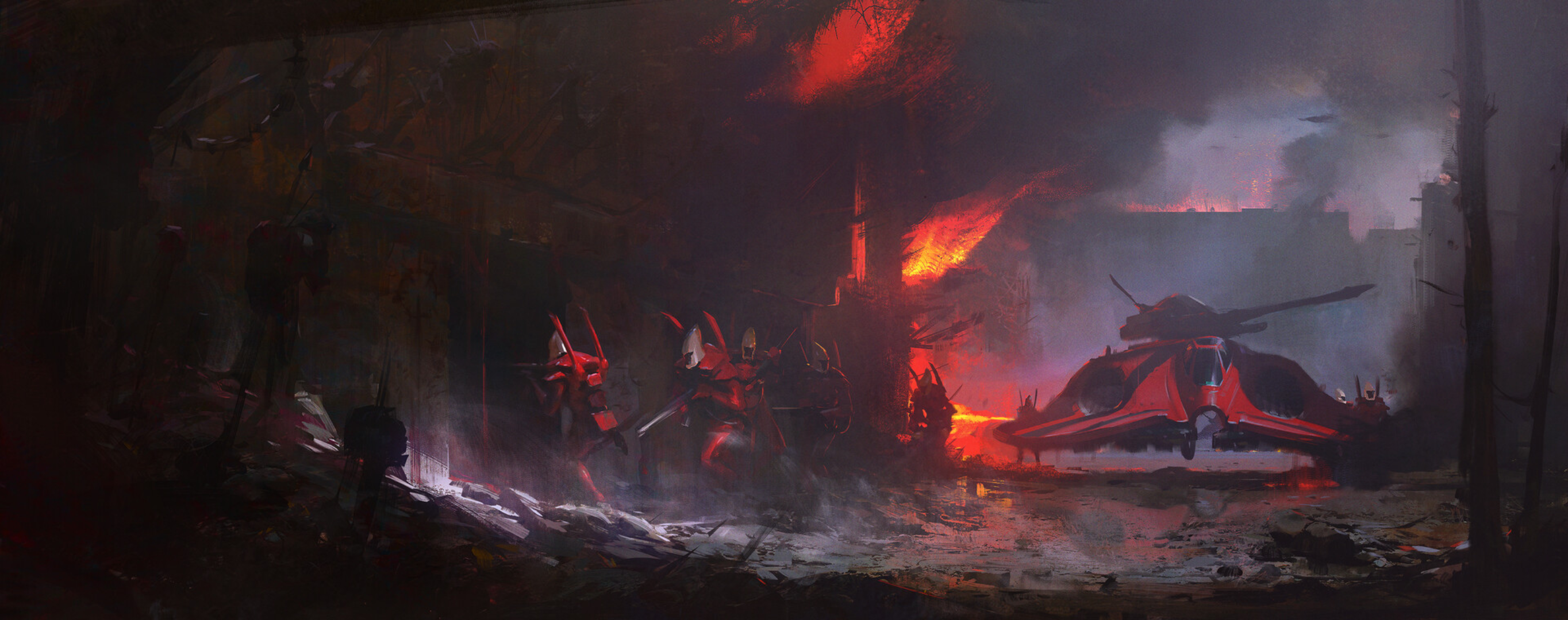 Warhammer Warhammer 40 000 Science Fiction City Ruins Debris Eldari Fire Black Smoke Video Games Vid 2728x1080