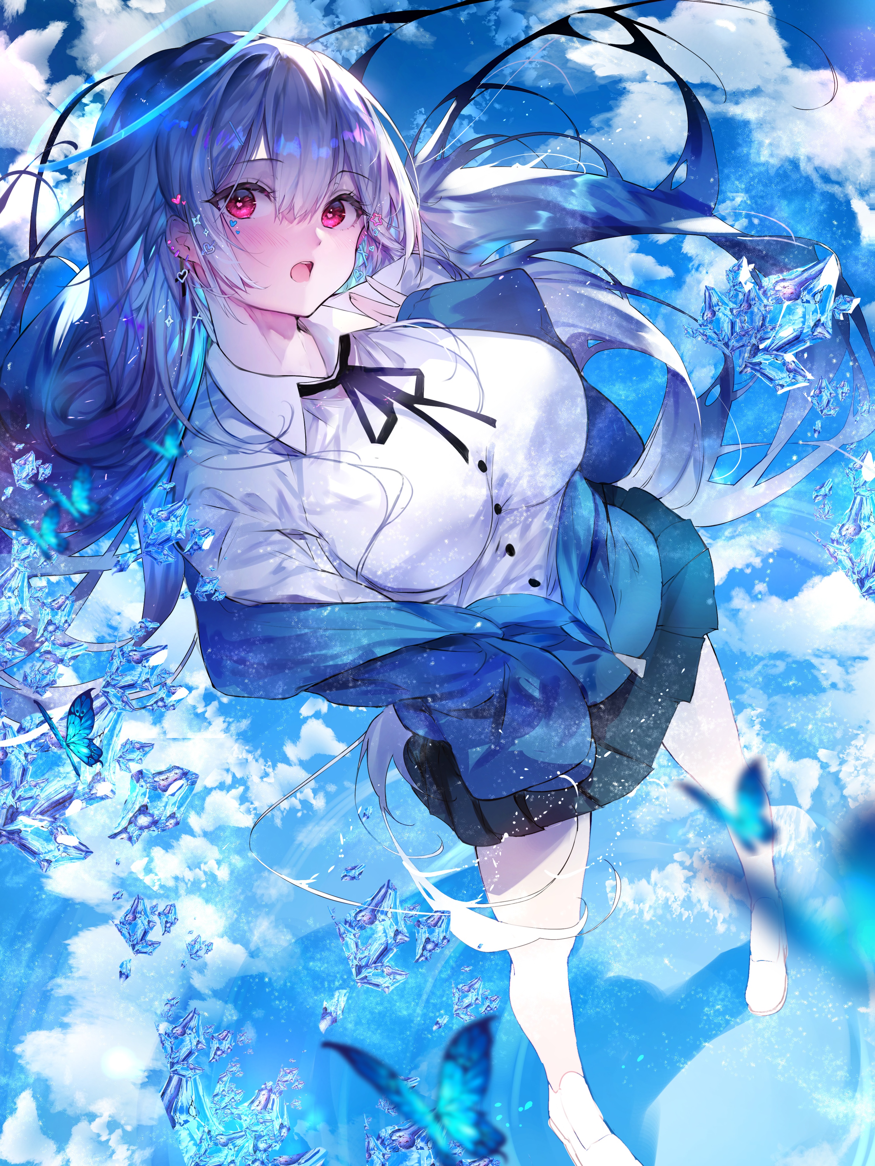 Anime Anime Girls Vertical Schoolgirl School Uniform Blue Hair Butterfly Crystal Clouds Sky Red Eyes 3000x4000