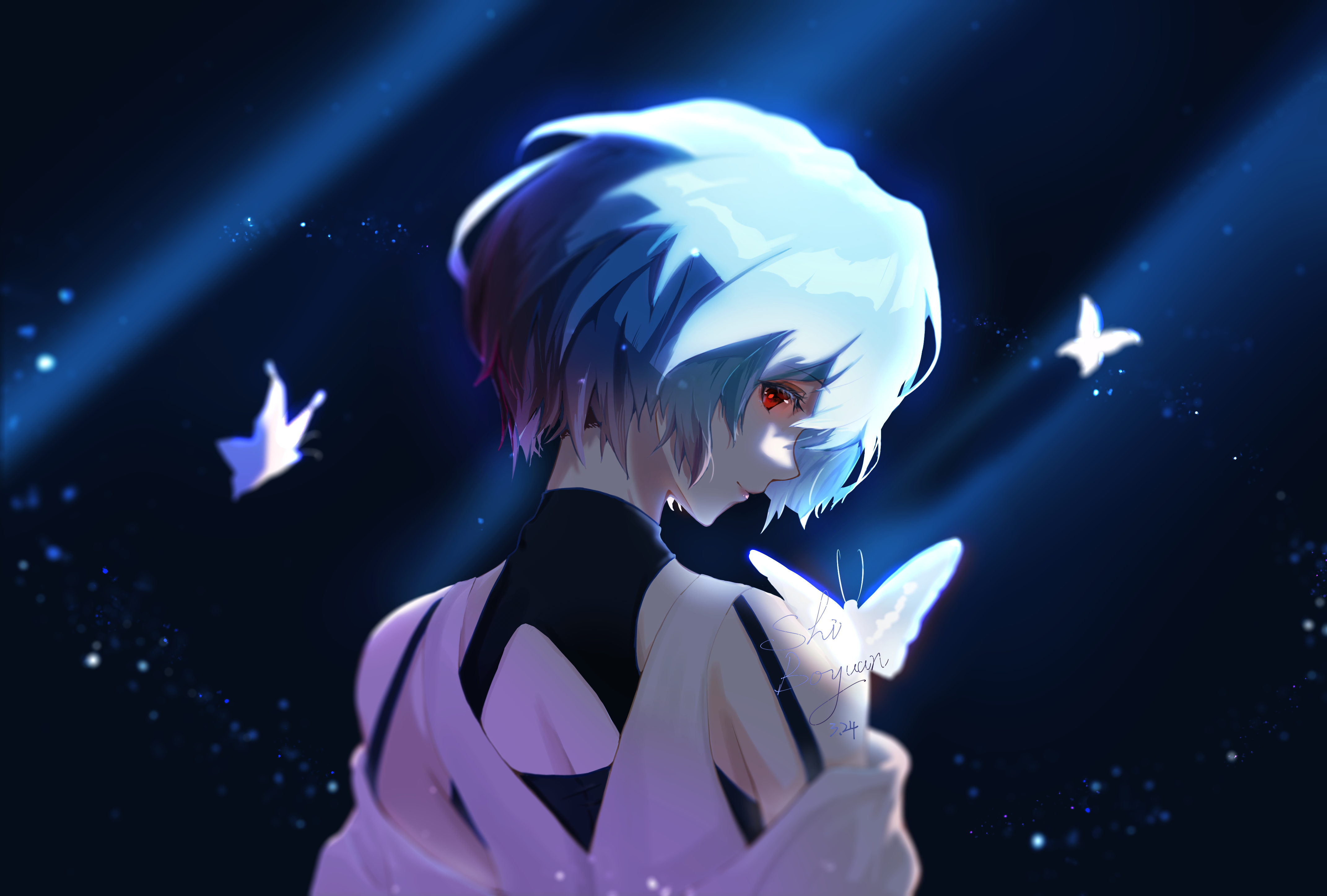Anime Girls Anime Looking At Viewer Butterfly Red Eyes Ayanami Rei Neon Genesis Evangelion Blue Hair 4285x2894