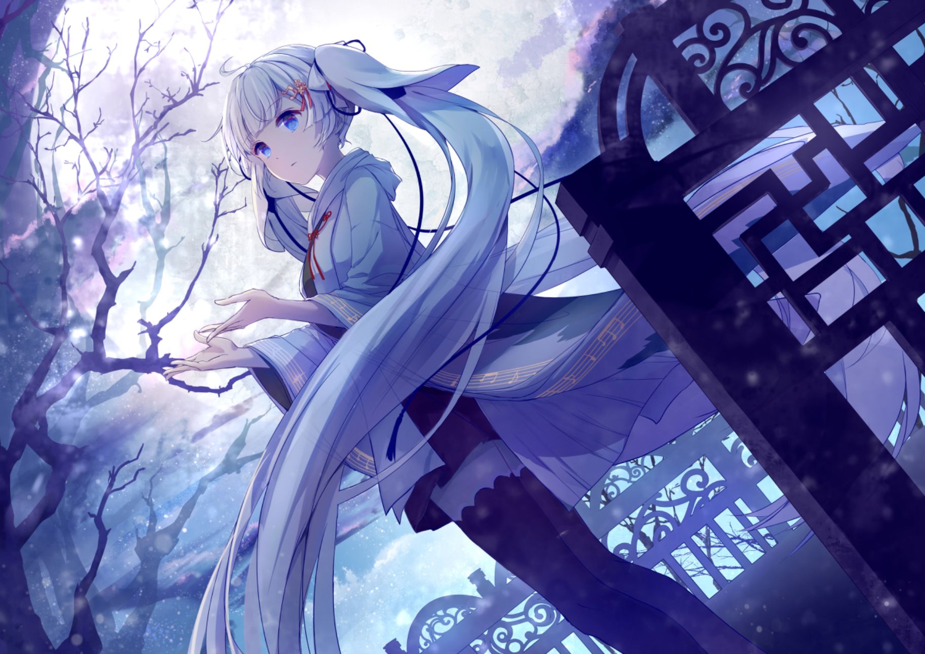 Hatsune Miku Anime Girls Vocaloid Twintails Looking At Viewer Branch Long Hair Moon 1827x1293