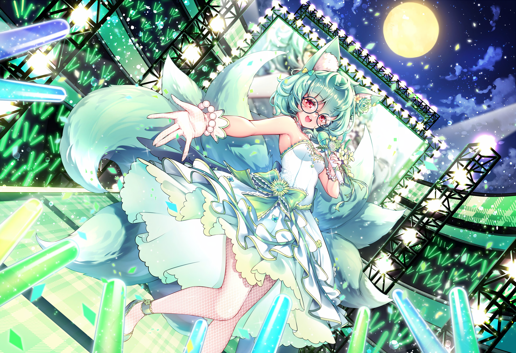 Anime Anime Girls Moon Singing Neon Night Glasses Dress Stages Stage Light Microphone Open Mouth Loo 1976x1352