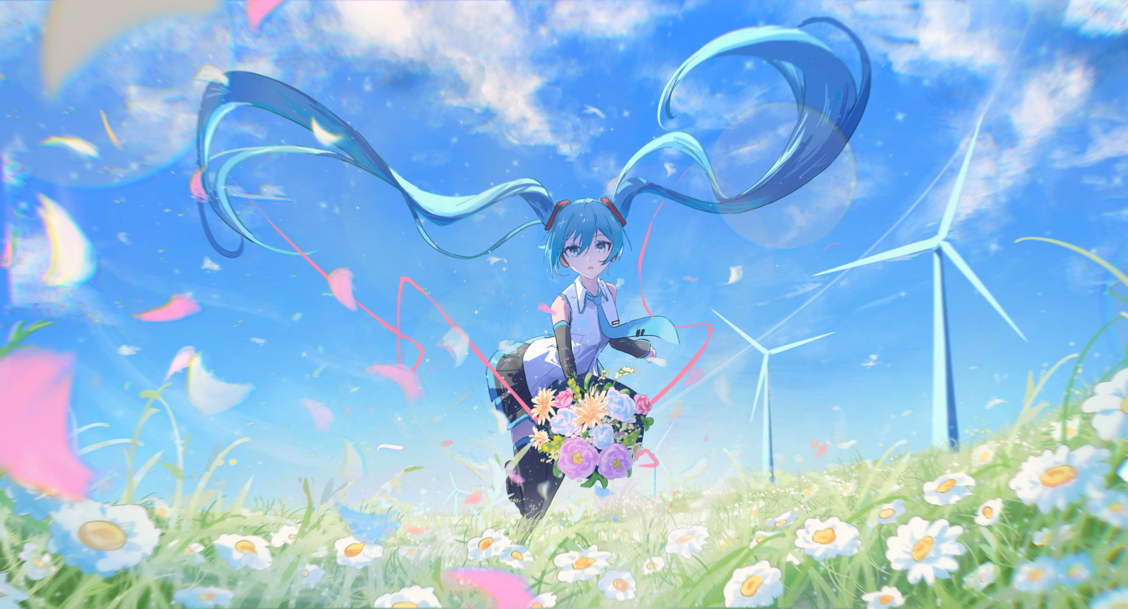 Vocaloid Hatsune Miku Anime Girls Long Hair Blue Hair Wind Turbine Bouquets Twintails Outdoors Lands 4391x2371