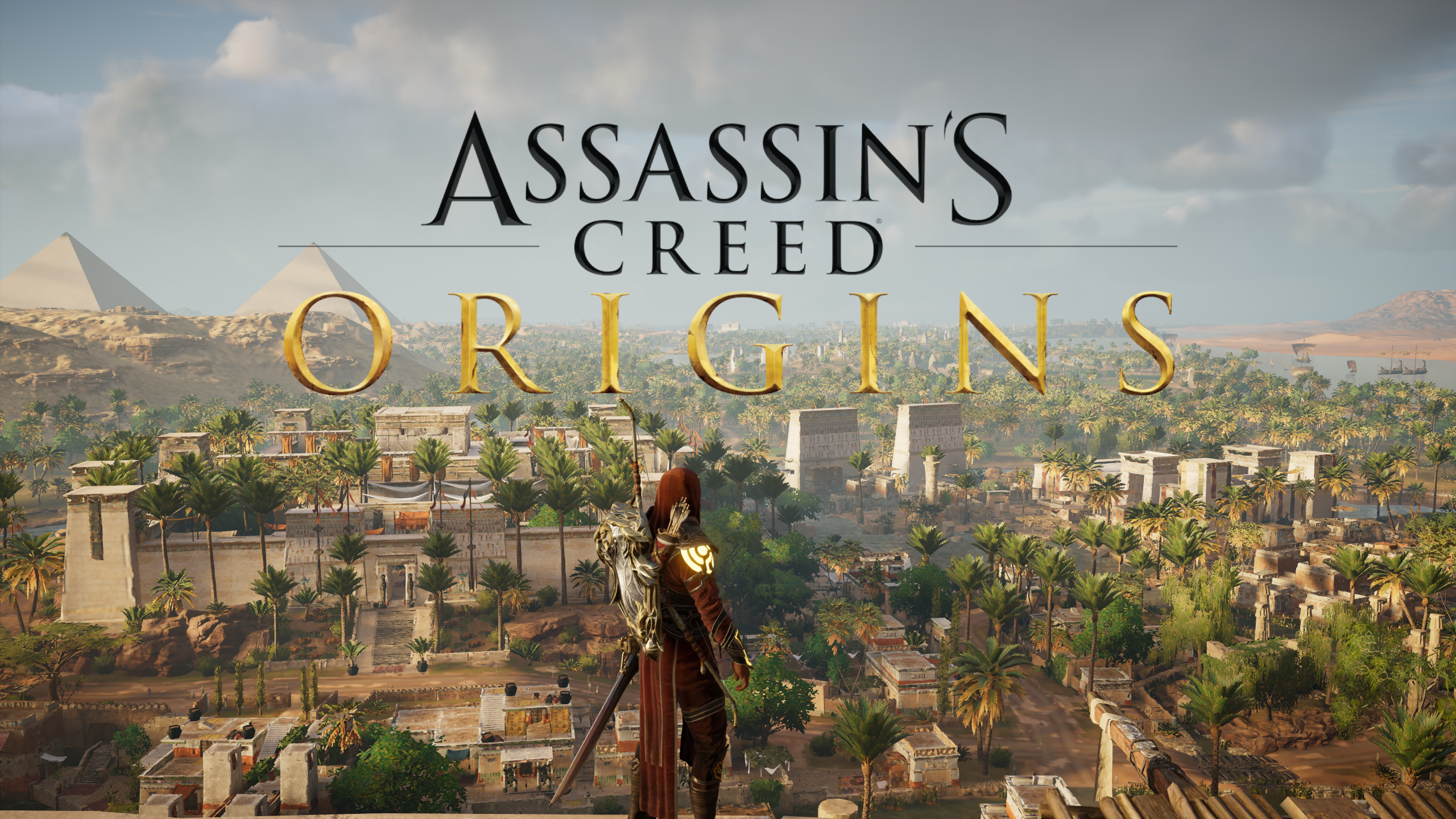 Assassin Creed Origins Title Assassins Creed Clouds Video Games Standing Sky Pyramid Hoods Video Gam 2560x1440