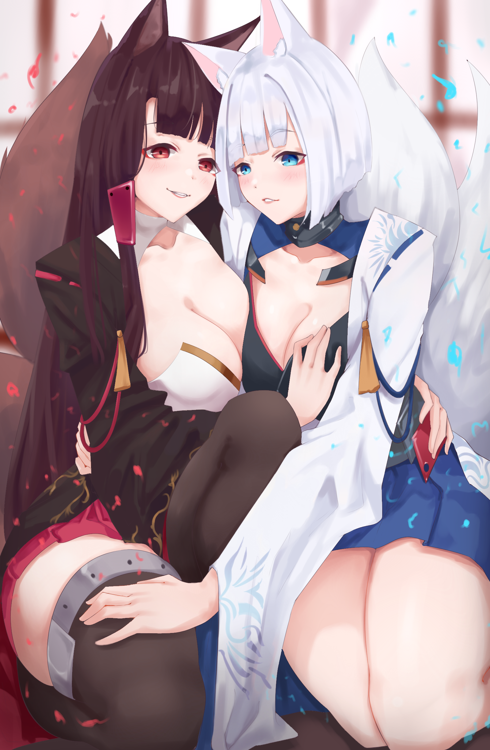 Anime Anime Girls Azur Lane Akagi Azur Lane Kaga Azur Lane Long Hair Brunette Short Hair Silver Hair 1600x2448