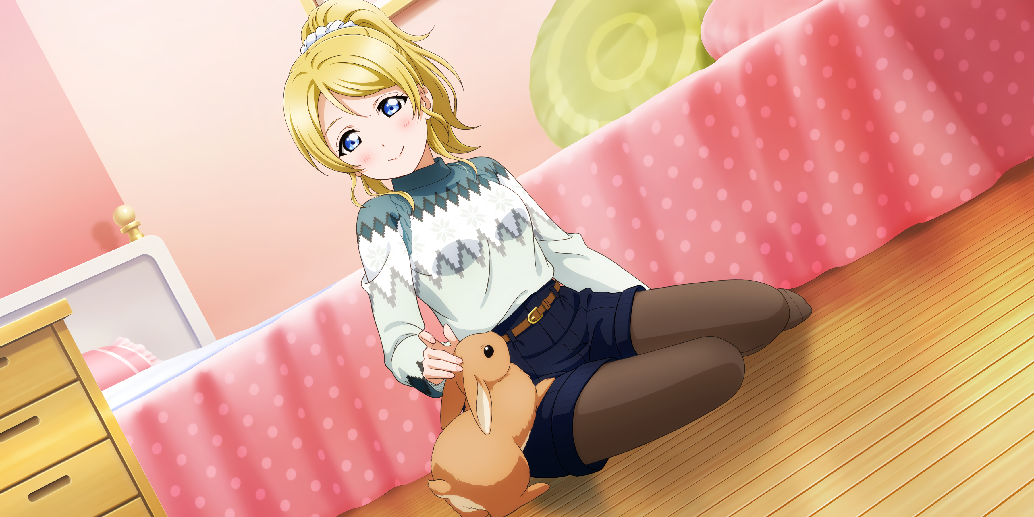Ayase Eli Love Live Anime Anime Girls Rabbits Animals Smiling 3600x1800