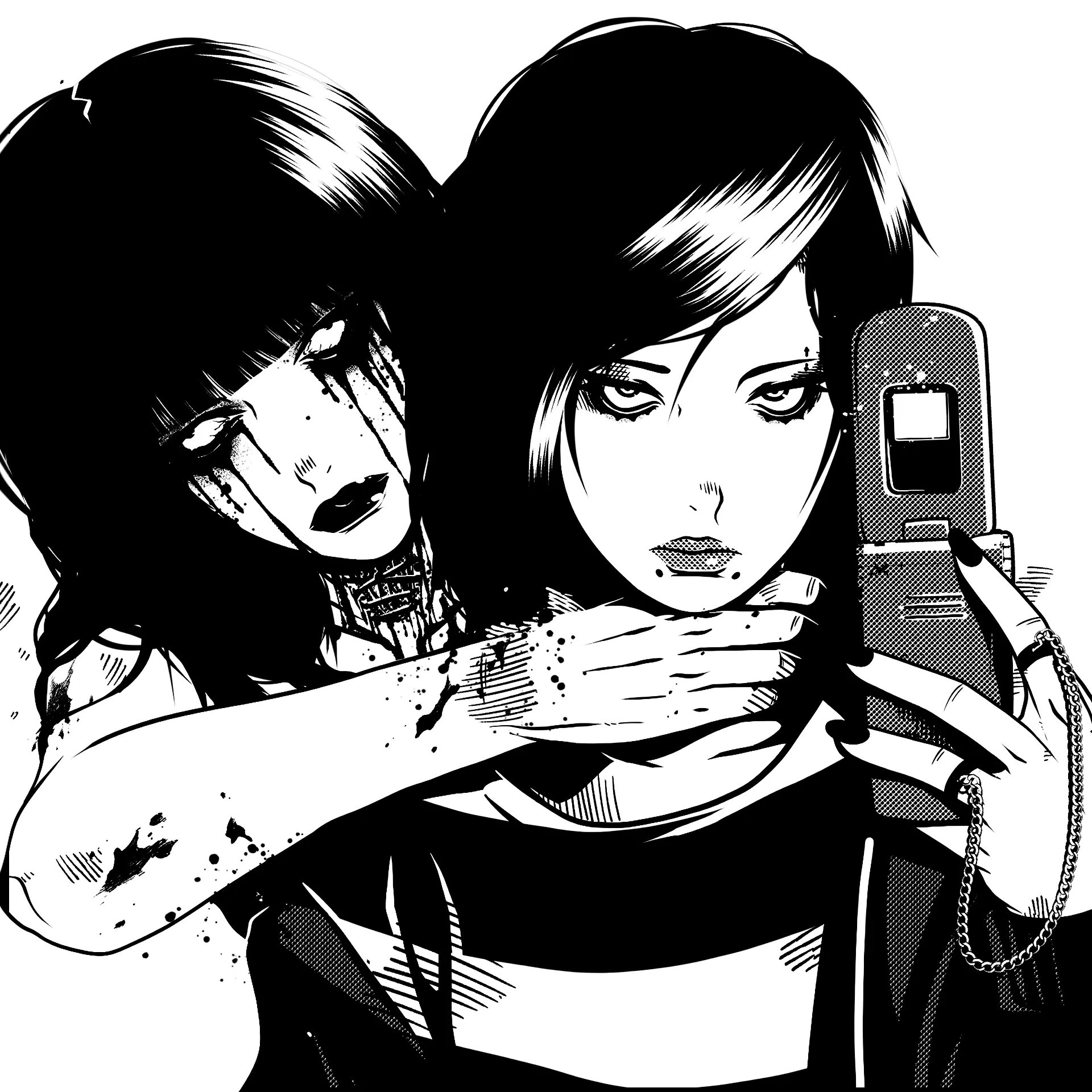 Zombie Makeout Club Dark Long Hair Gothic Drawing Anime Girls Phone Looking At Viewer Monochrome 1920x1920