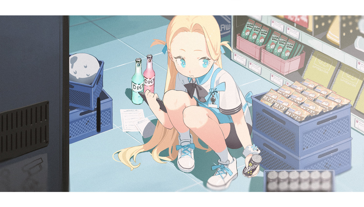 Waterkuma Pixiv Anime Anime Girls Drink Food Blonde Blue Eyes 1500x855
