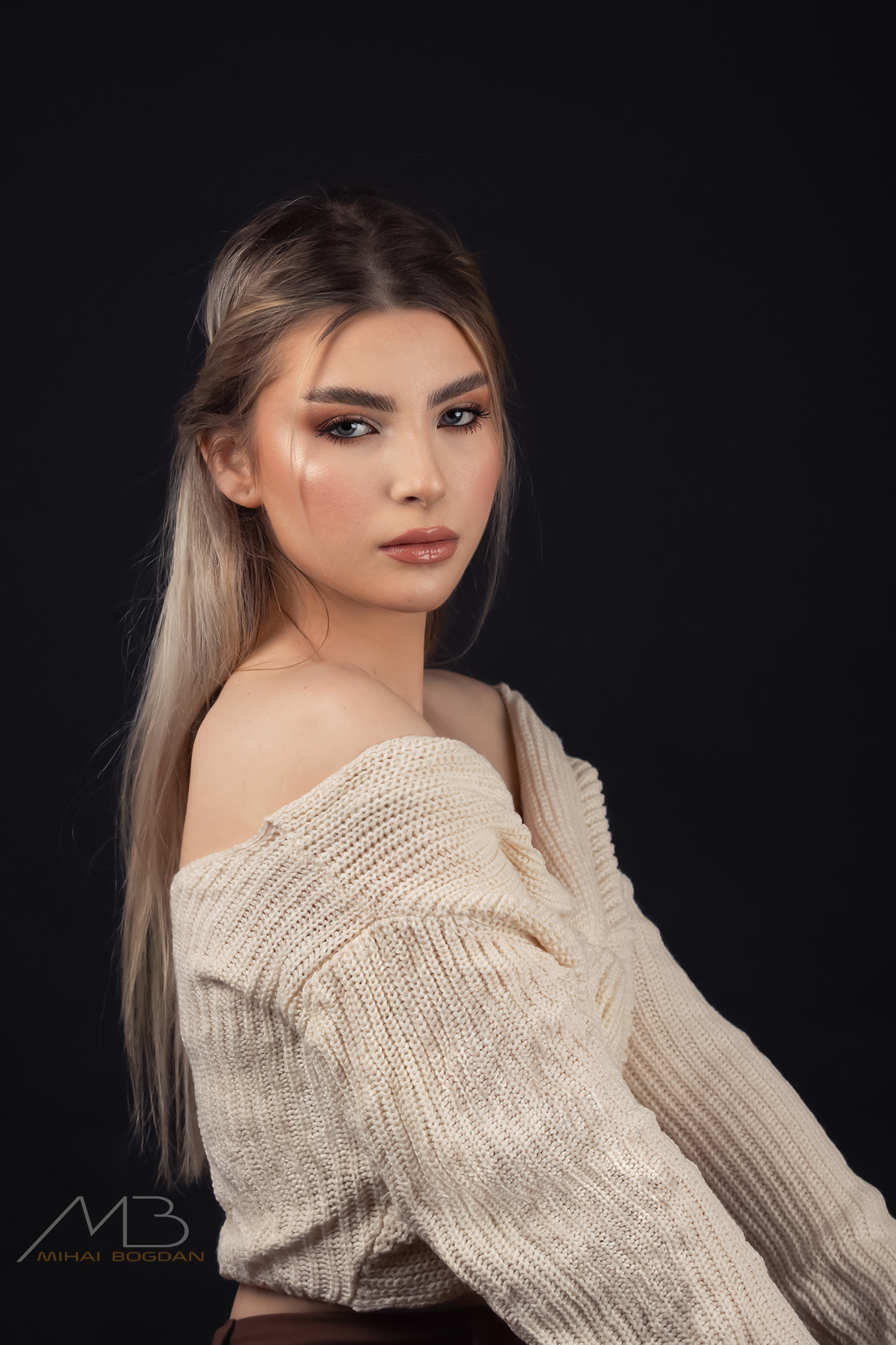 Mihai Romeo Bogdan Women Blonde Makeup Blush Looking At Viewer Sweater Simple Background 1365x2048