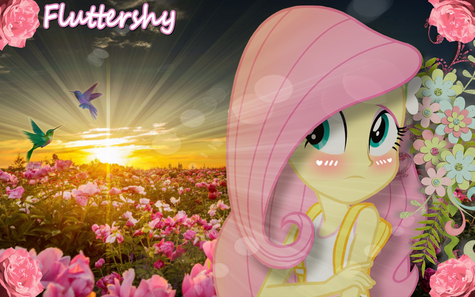 Flowers Sunset My Little Pony Fluttershy Edit Cartoon Blushing Pink Hair Birds 1920x1200