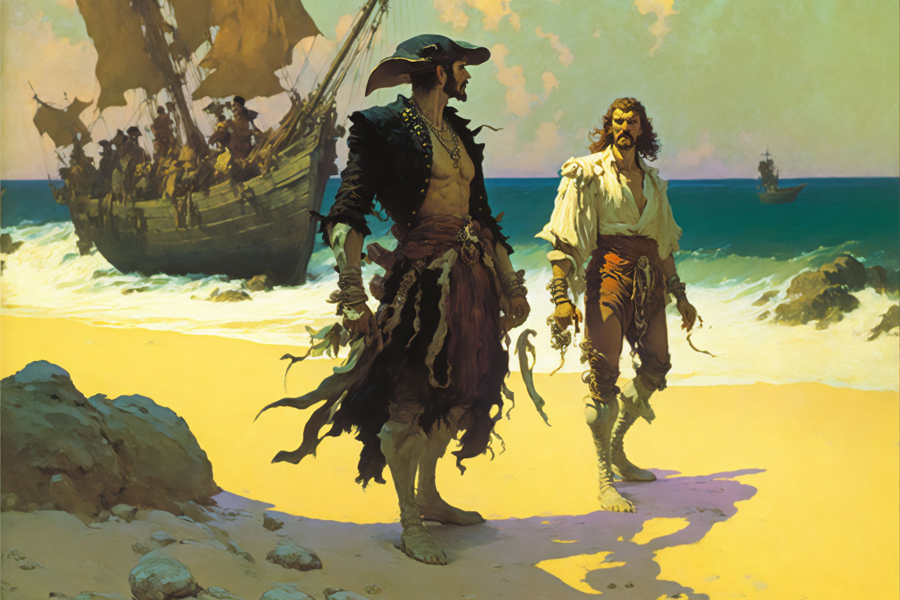 Ai Art Illustration Pirates Beach Ship Oil On Canvas Water 3072x2048