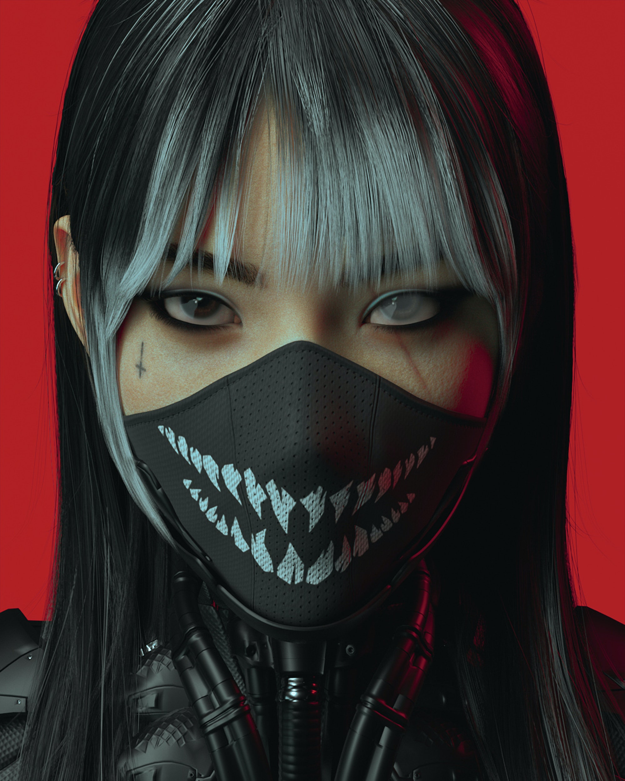 Digital Art Artwork Illustration Women Portrait Cyberpunk Asian Mask Looking At Viewer Long Hair Dar 2000x2500