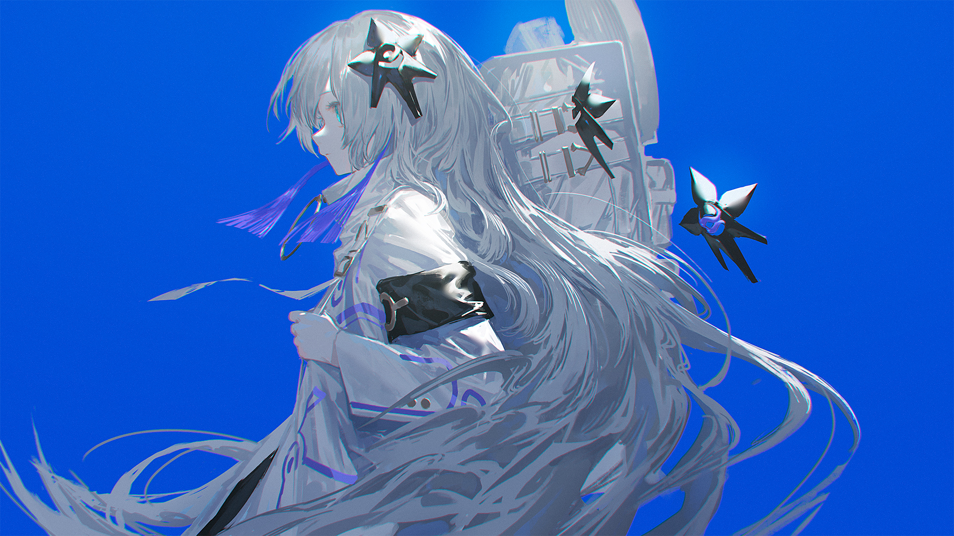 White SEKAi Anime Girls Long Hair Blue Background 1920x1080