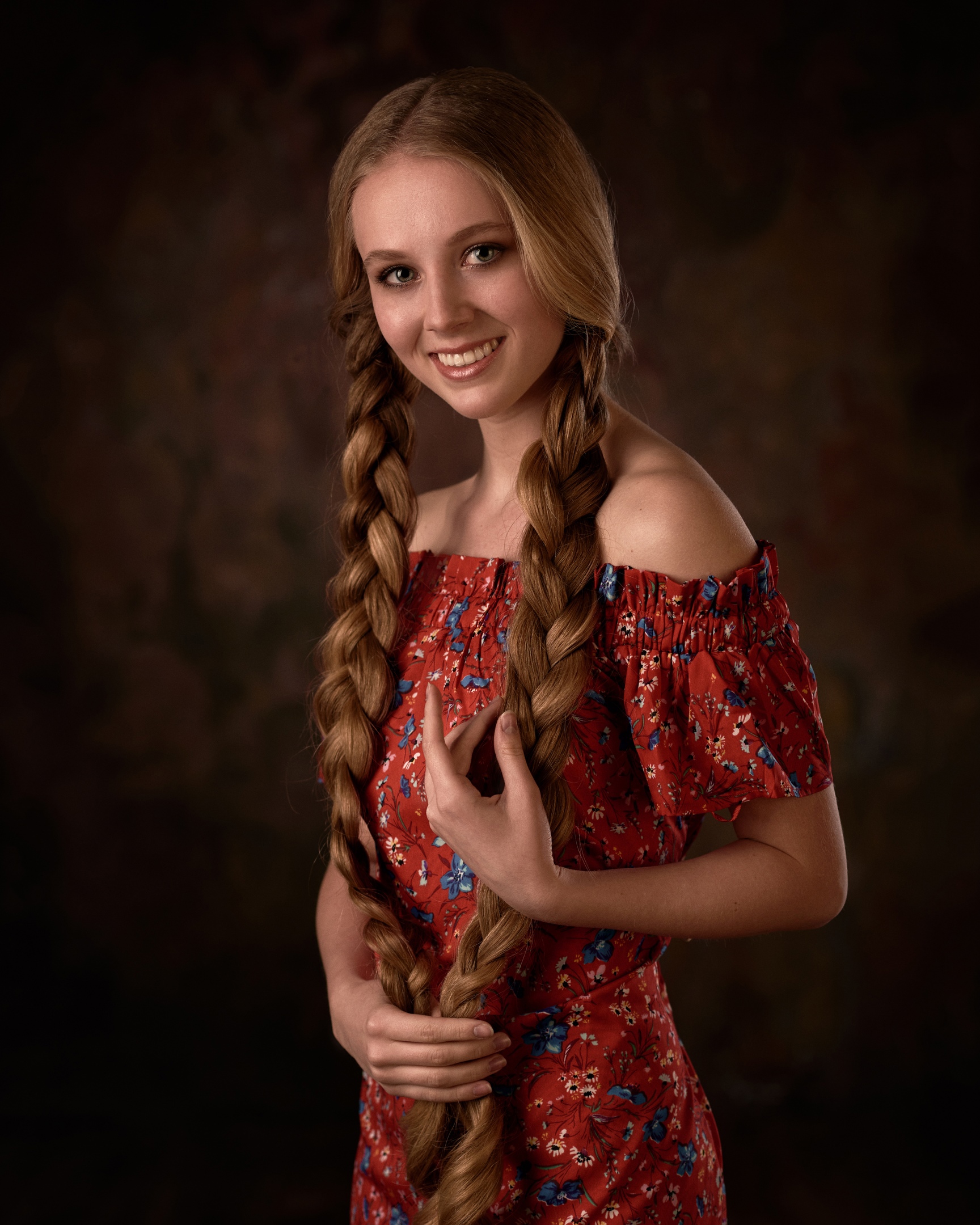 Max Pyzhik Women Polina Panova Blonde Twintails Braids Dress Smiling Simple Background 1728x2160