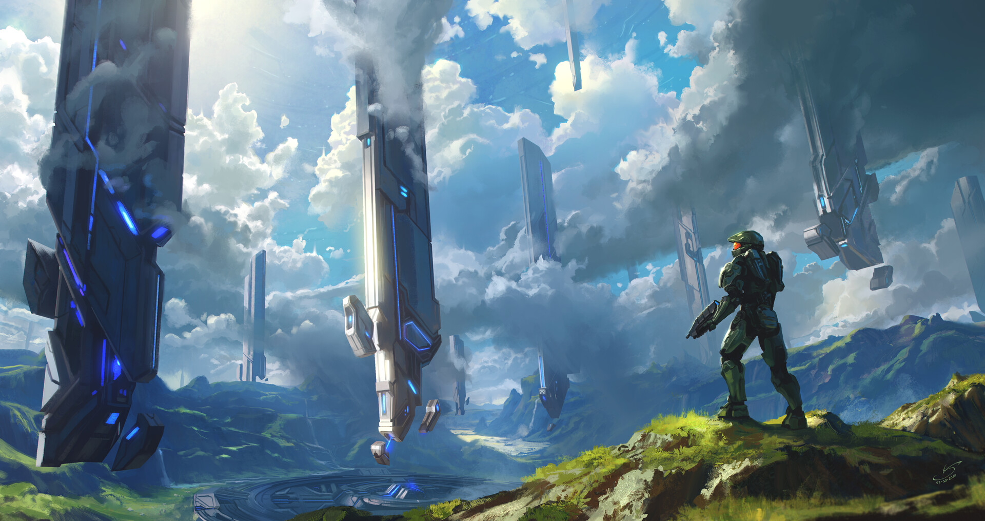 Halo 4 Master Chief Halo Clouds Pillar Video Games Video Game Characters Armor Artwork 1920x1015