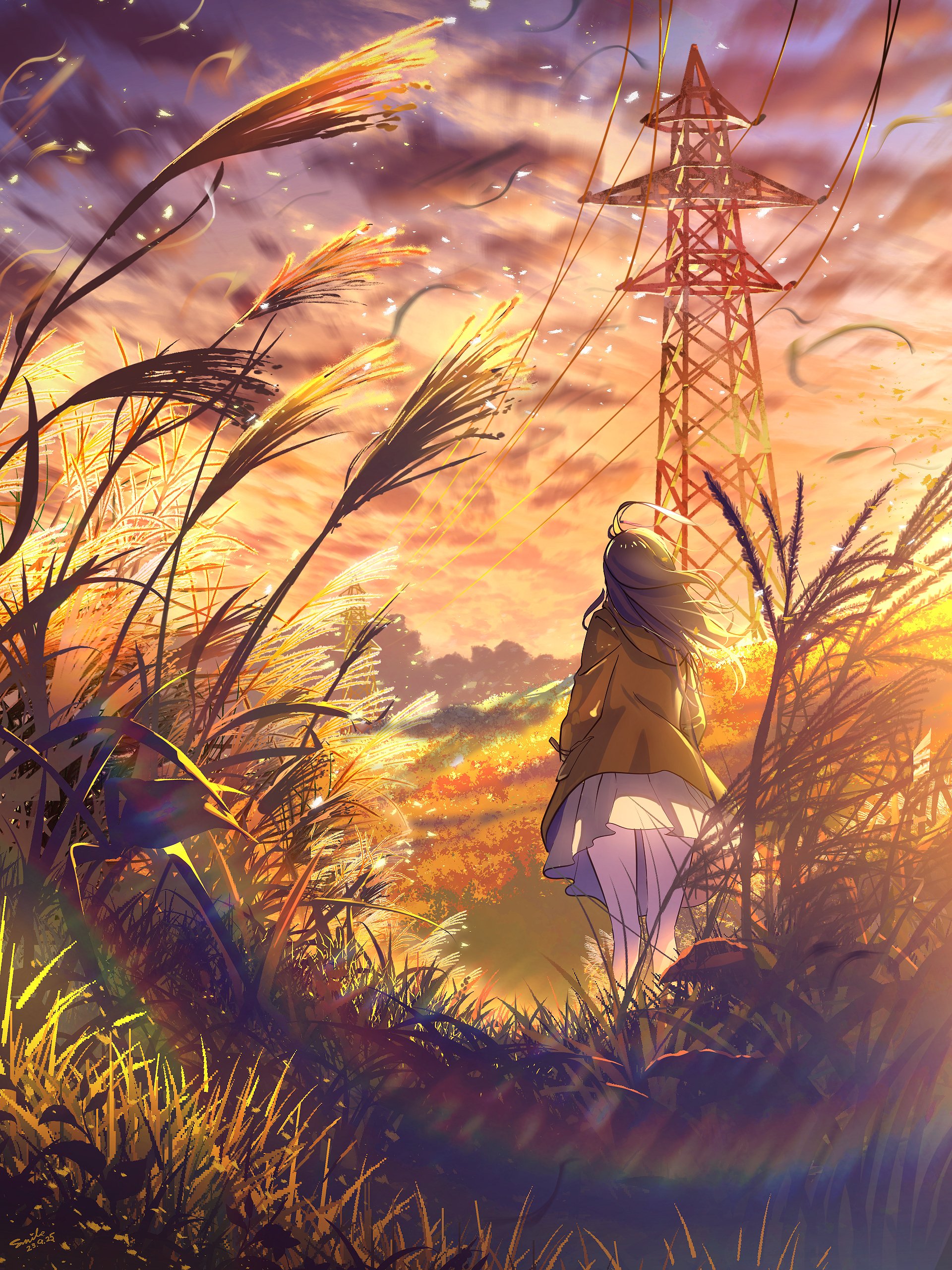 Anime Girls Portrait Display Black Hair Rear View Long Hair Sunset Sky Hair Blowing In The Wind Clou 1920x2560