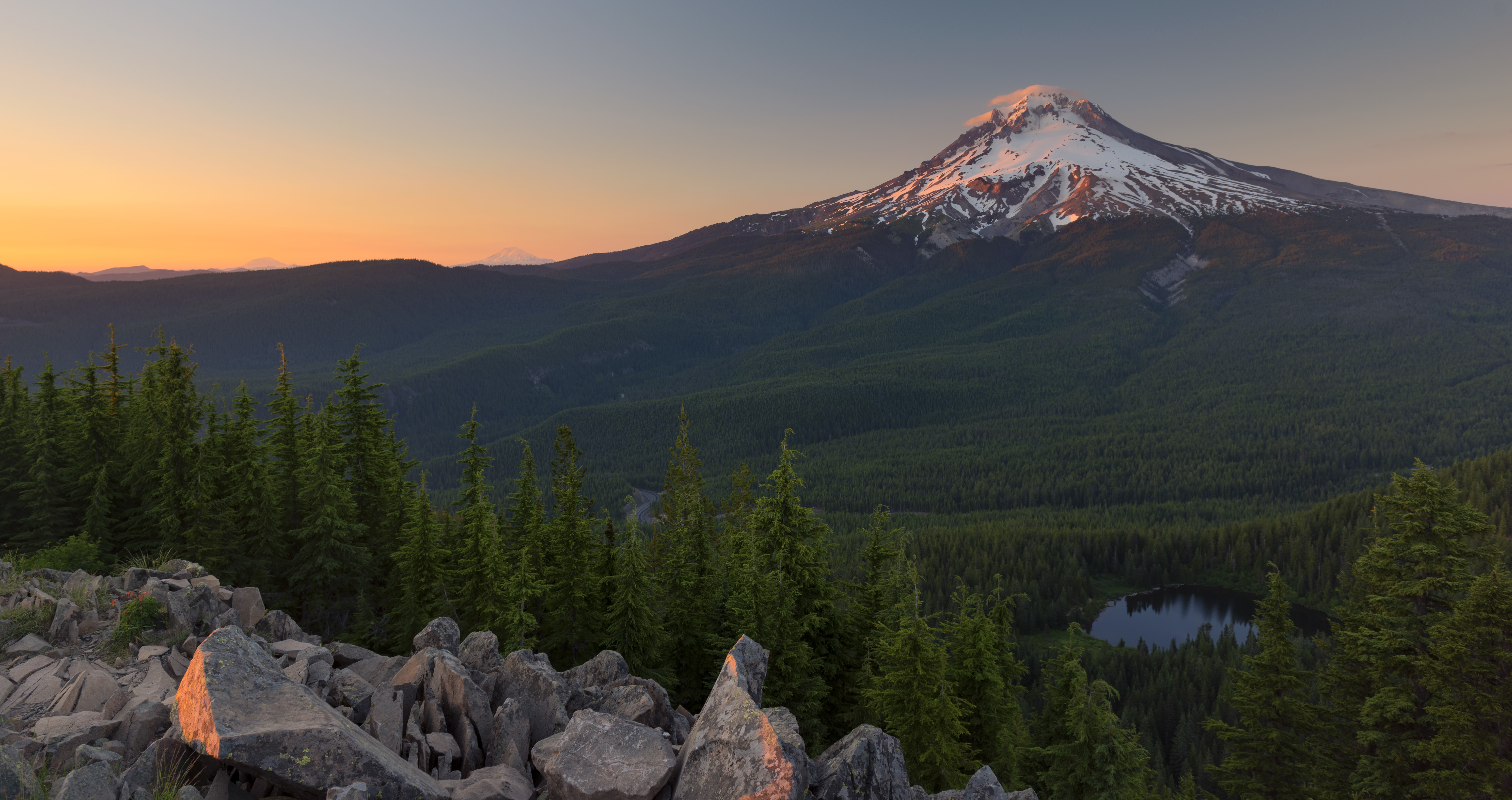 Mount Hood Sunset Landscape Lake Forest Clear Sky Photography Snow Caps Nature Trees Rocks Snow Moun 6144x3249