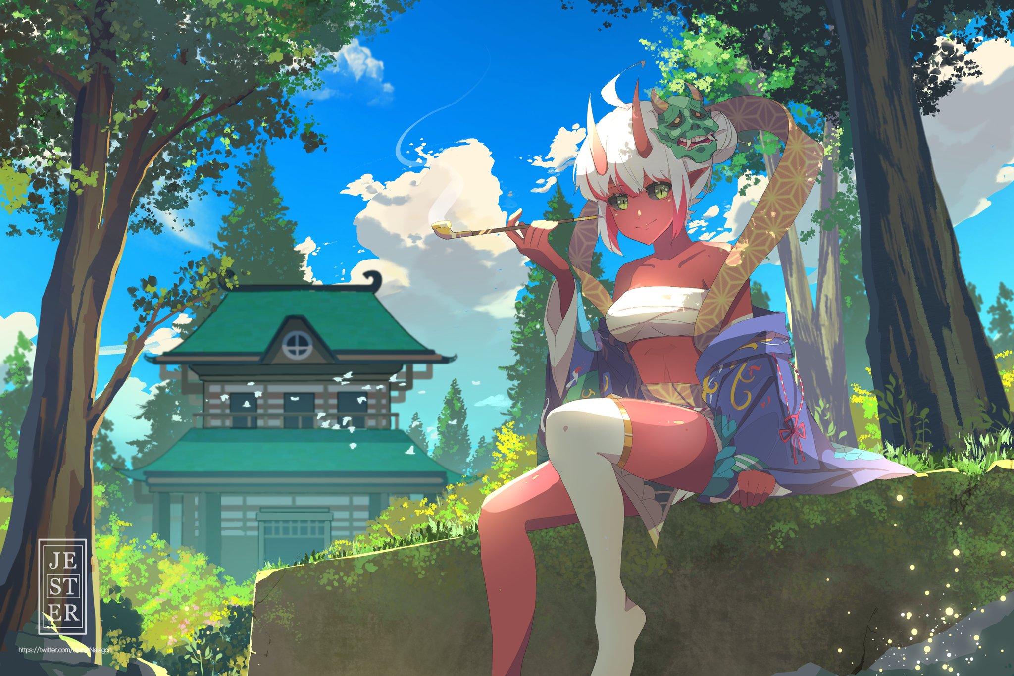 Anime Girls Oni Red Skin Smoking Pipe Horns Mask Kimono Clouds Pointy Ears Smiling Looking At Viewer 2048x1365