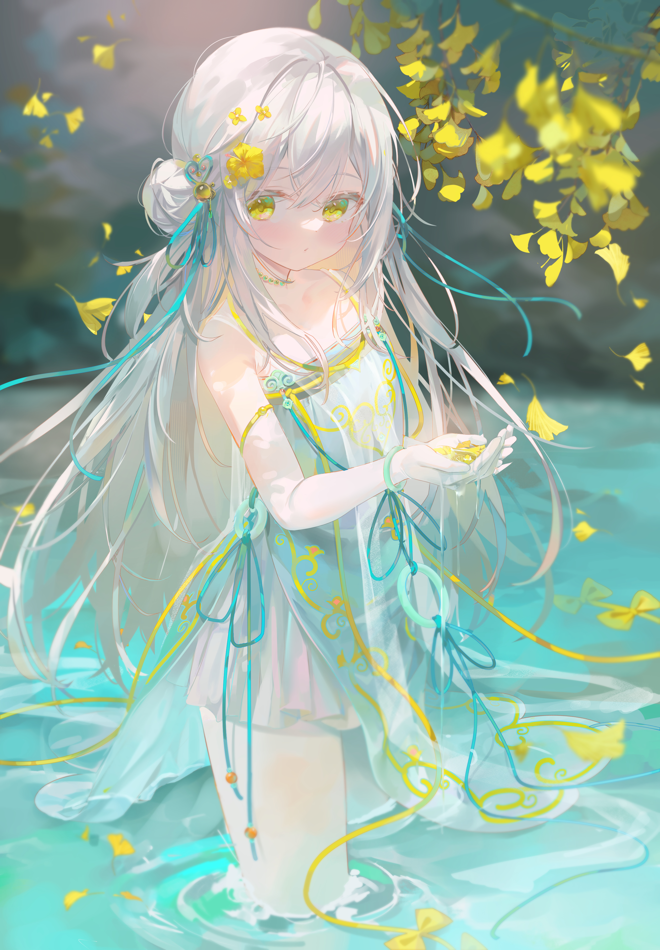 Anime Girls White Hair Water In Water Leaves Yellow Eyes In Bed Wallpaper -  Resolution:2760x3969 - ID:1341171 