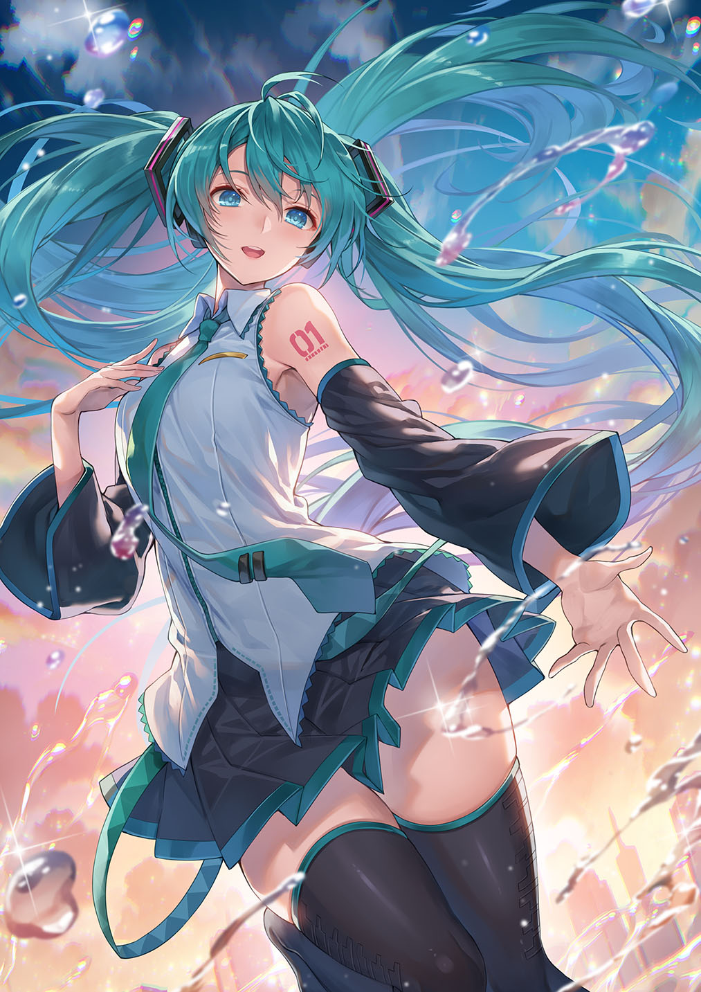 Vocaloid Hatsune Miku Anime Girls Portrait Display Looking At Viewer Sunset Detached Sleeves Tattoo  1013x1433