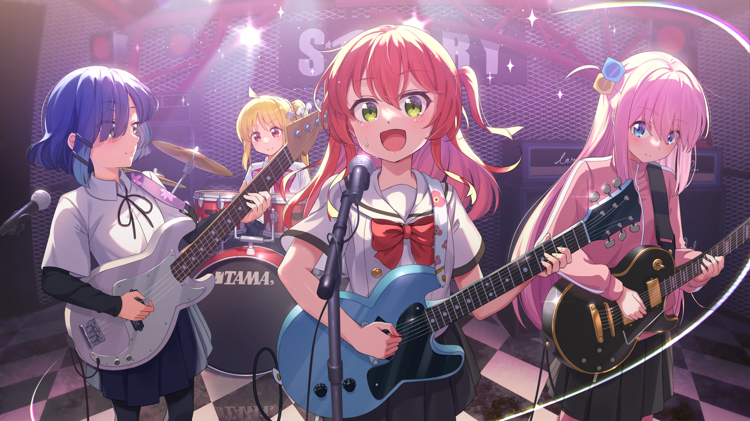 Anime Girls Artwork Digital Art Rock Bands Guitar Drum And Bass Microphone Drums Musical Instrument  2560x1440