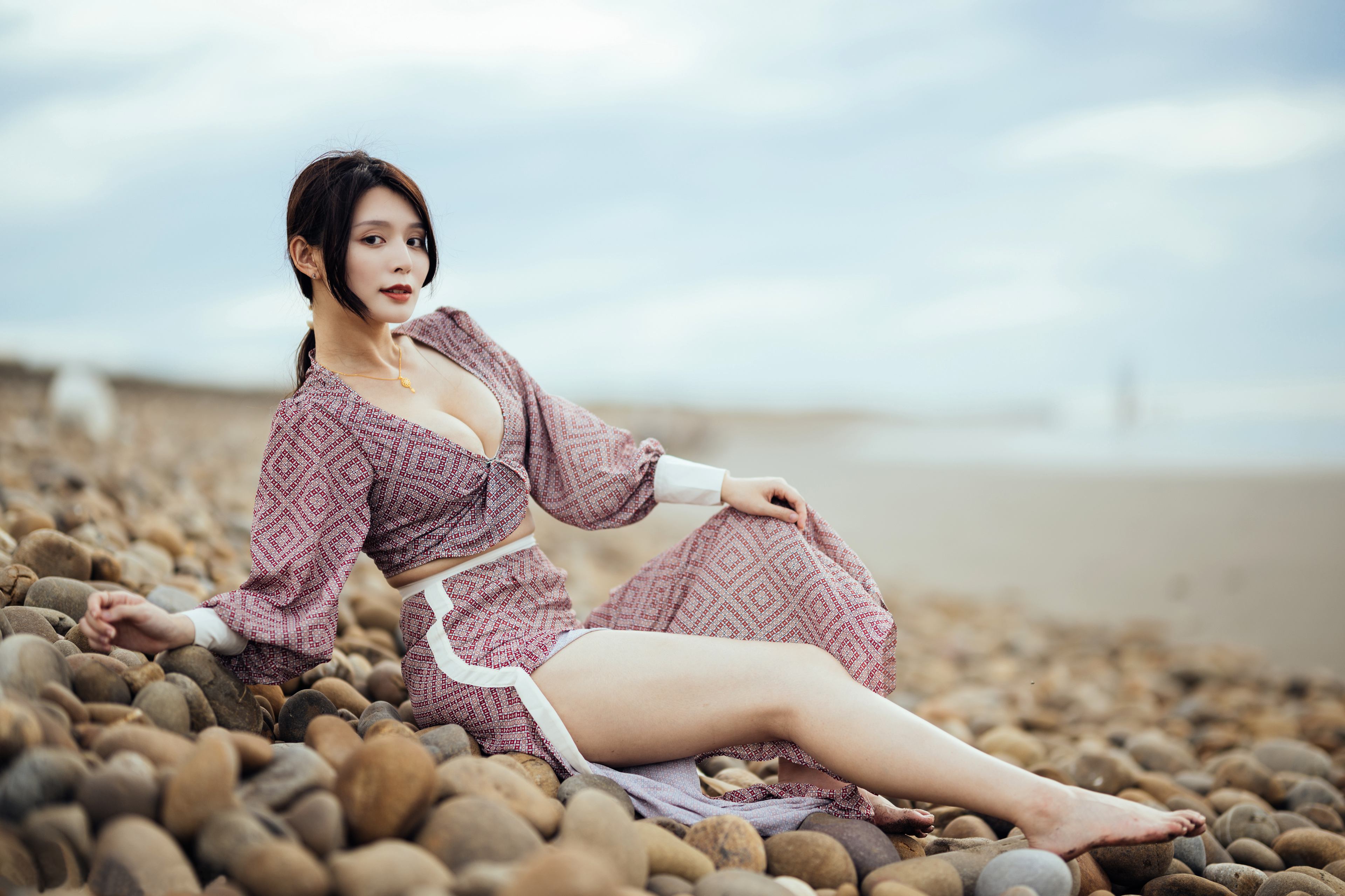 Asian Model Women Long Hair Dark Hair Sitting Stones Depth Of Field Beach Ponytail Barefoot 3840x2560