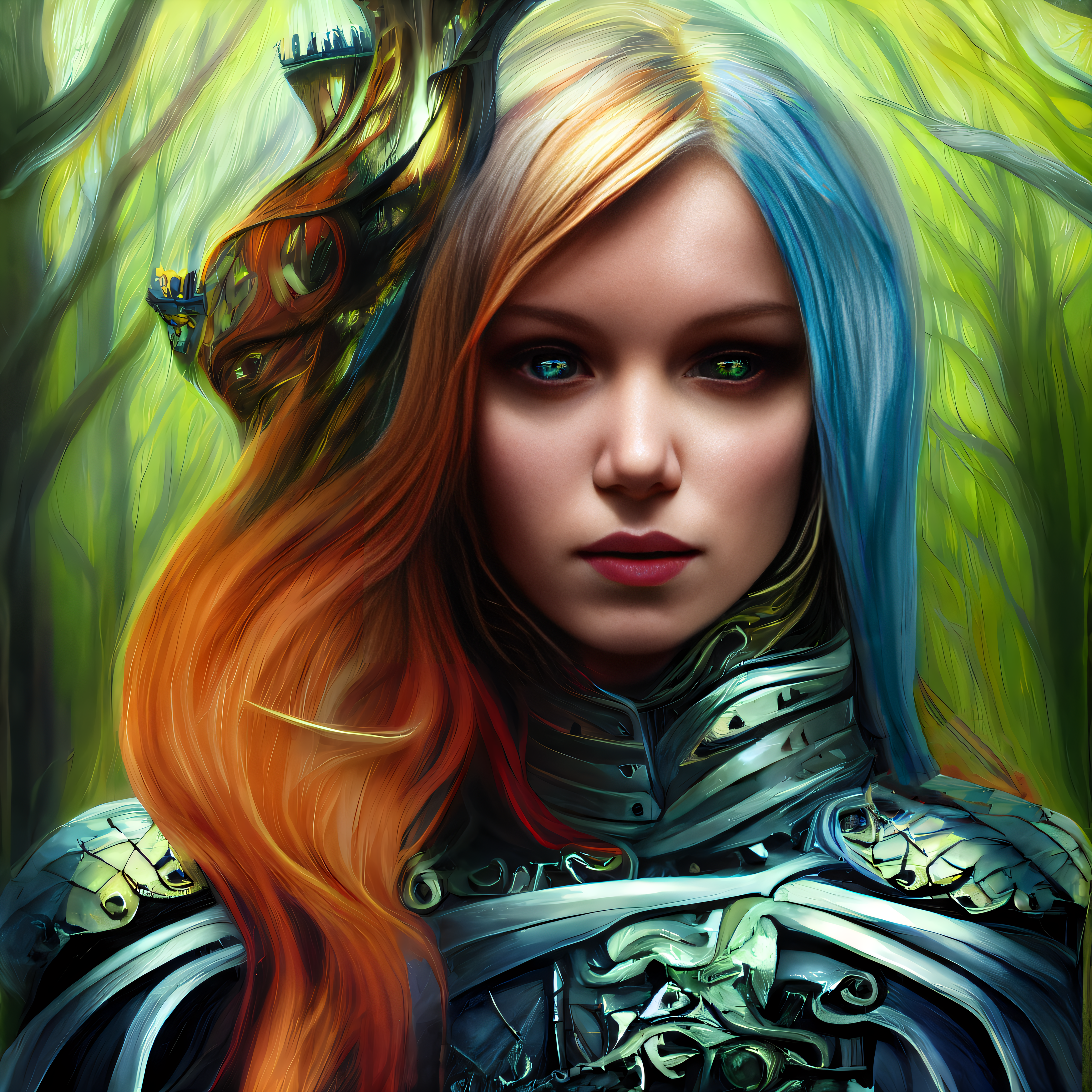 Artwork Fantasy Girl Armor Knight Warrior Forest Clearing Green Eyes Blue Eyes Women Bokeh Digital A 3492x3492