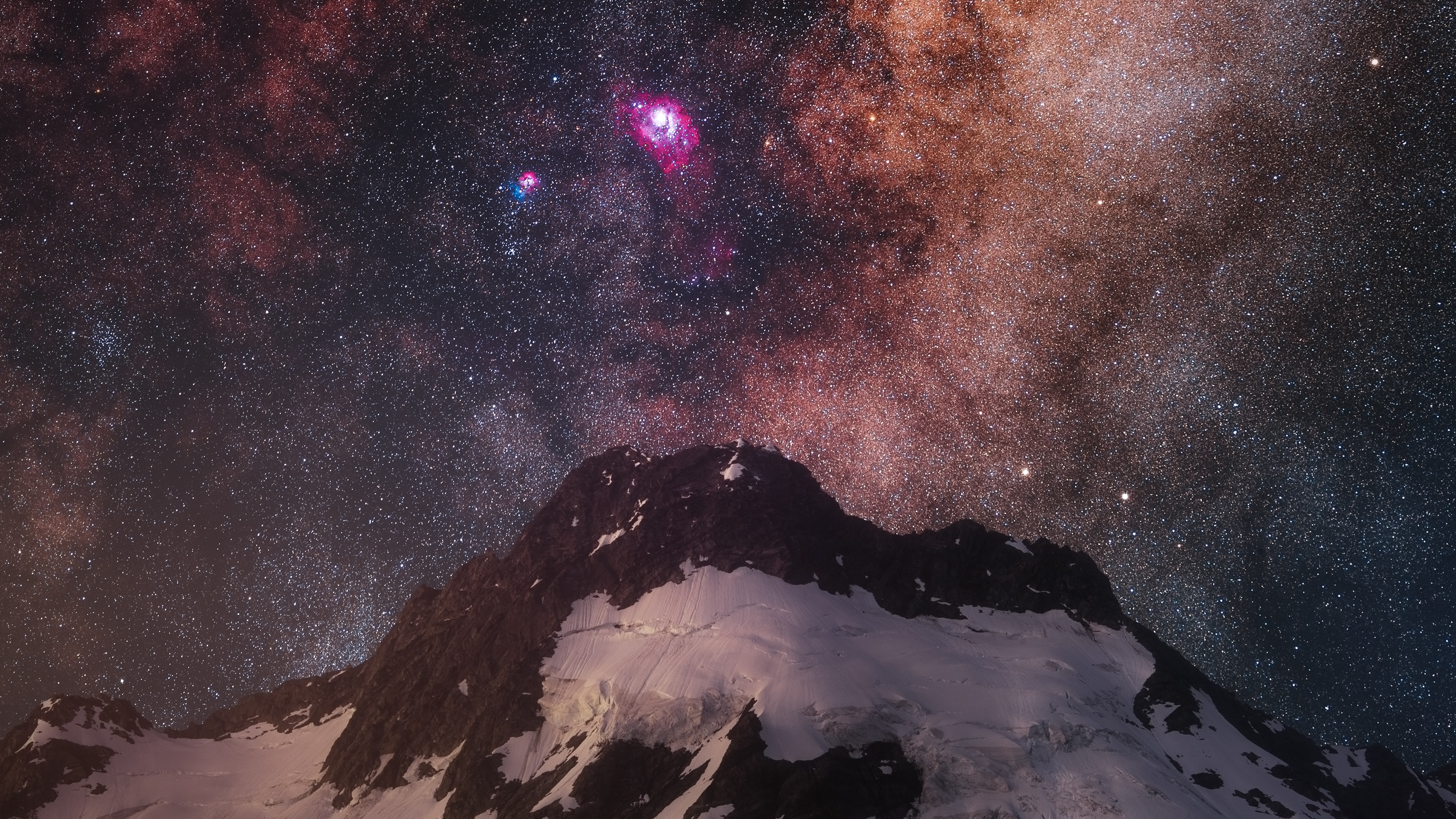 Nature Landscape Night Nightscape Snow Mountains Galaxy Stars Sky 3840x2160