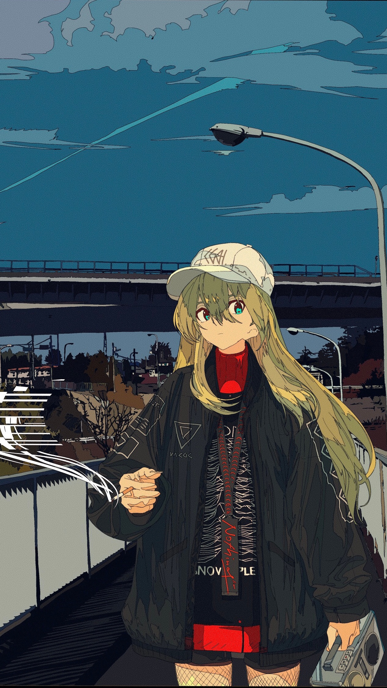 Cogecha Anime Anime Girls Long Hair Hat Portrait Display Boombox Jacket Cigarettes Smoking Looking A 1270x2258