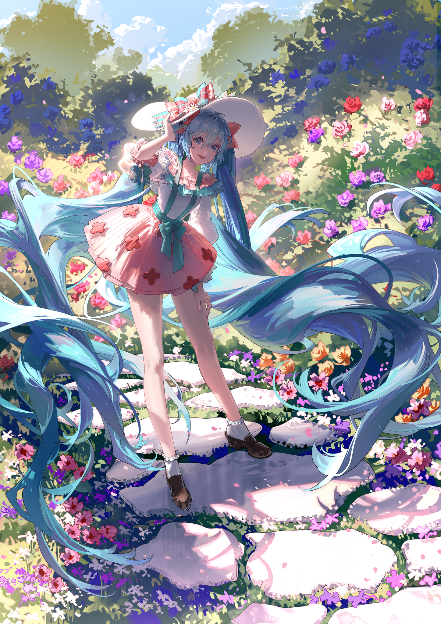 Anime Pixiv Anime Girls Vocaloid Hatsune Miku Sun Hats Path Flowers Blue Hair Blue Eyes Long Hair Tw 1447x2046