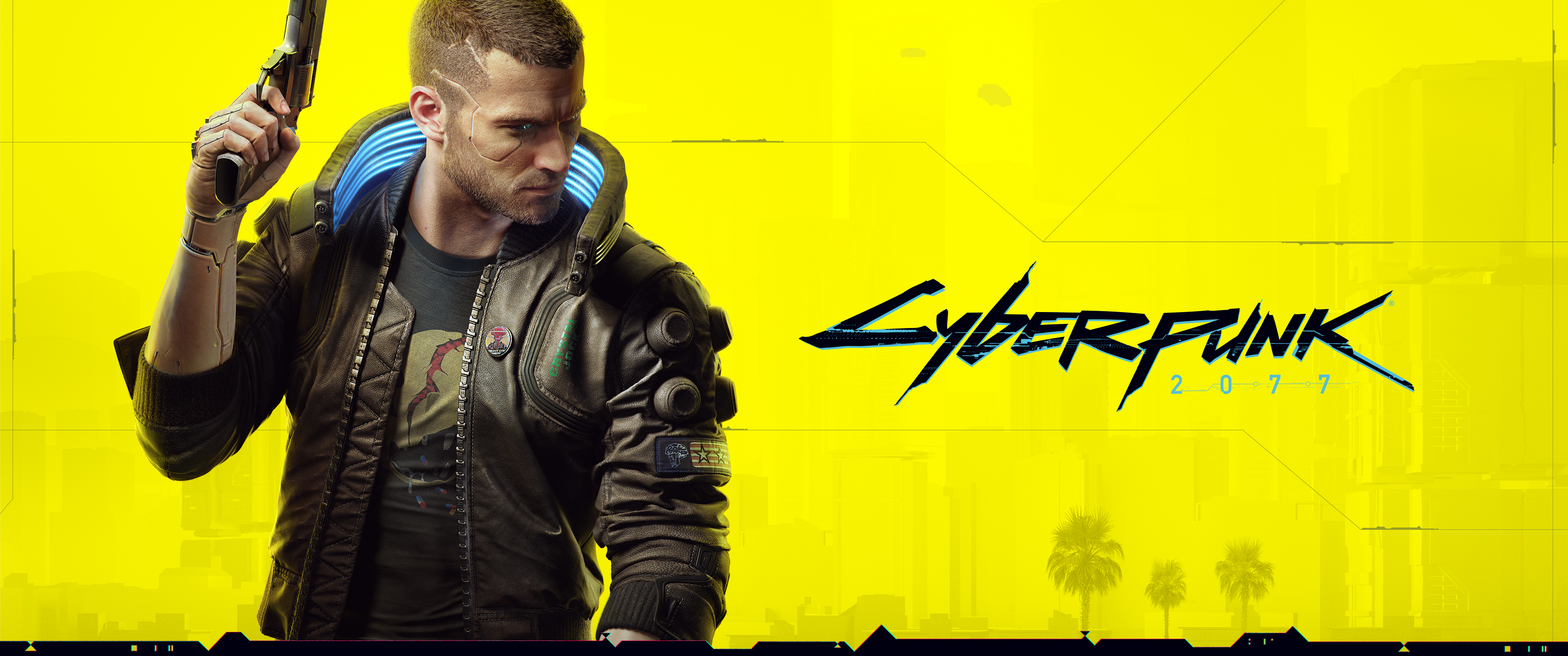 Cyberpunk 2077 Game Poster Yellow Background Simple Background Weapon Video Games PC Gaming 3440x1440