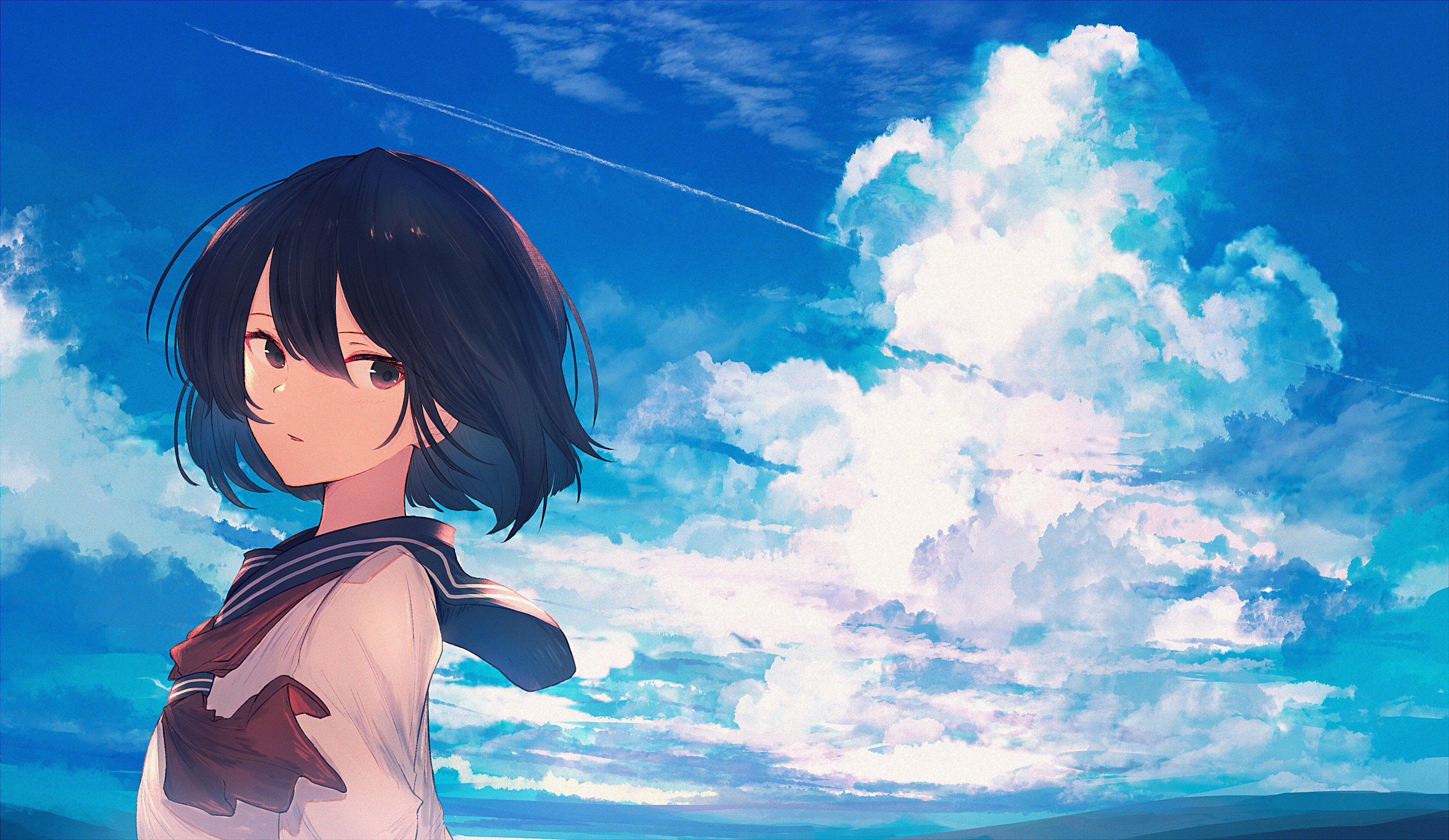 Anime Anime Girls Short Hair Black Hair Women Students Schoolgirl Uniform Landscape Clouds Digital D 4000x2320