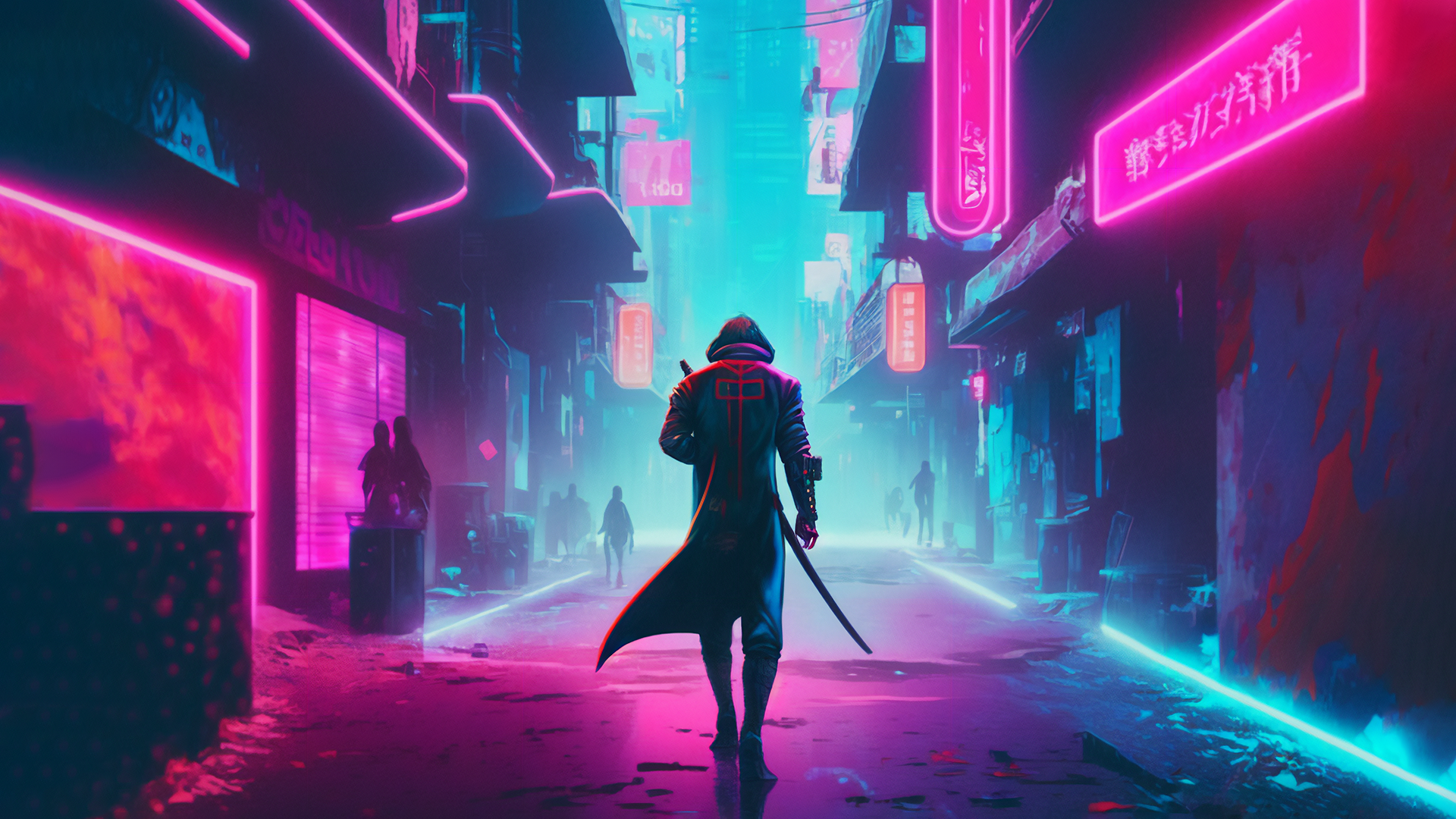 Ai Art Cyberpunk City Illustration Neon Alleyway Assassins City Lights 1920x1080