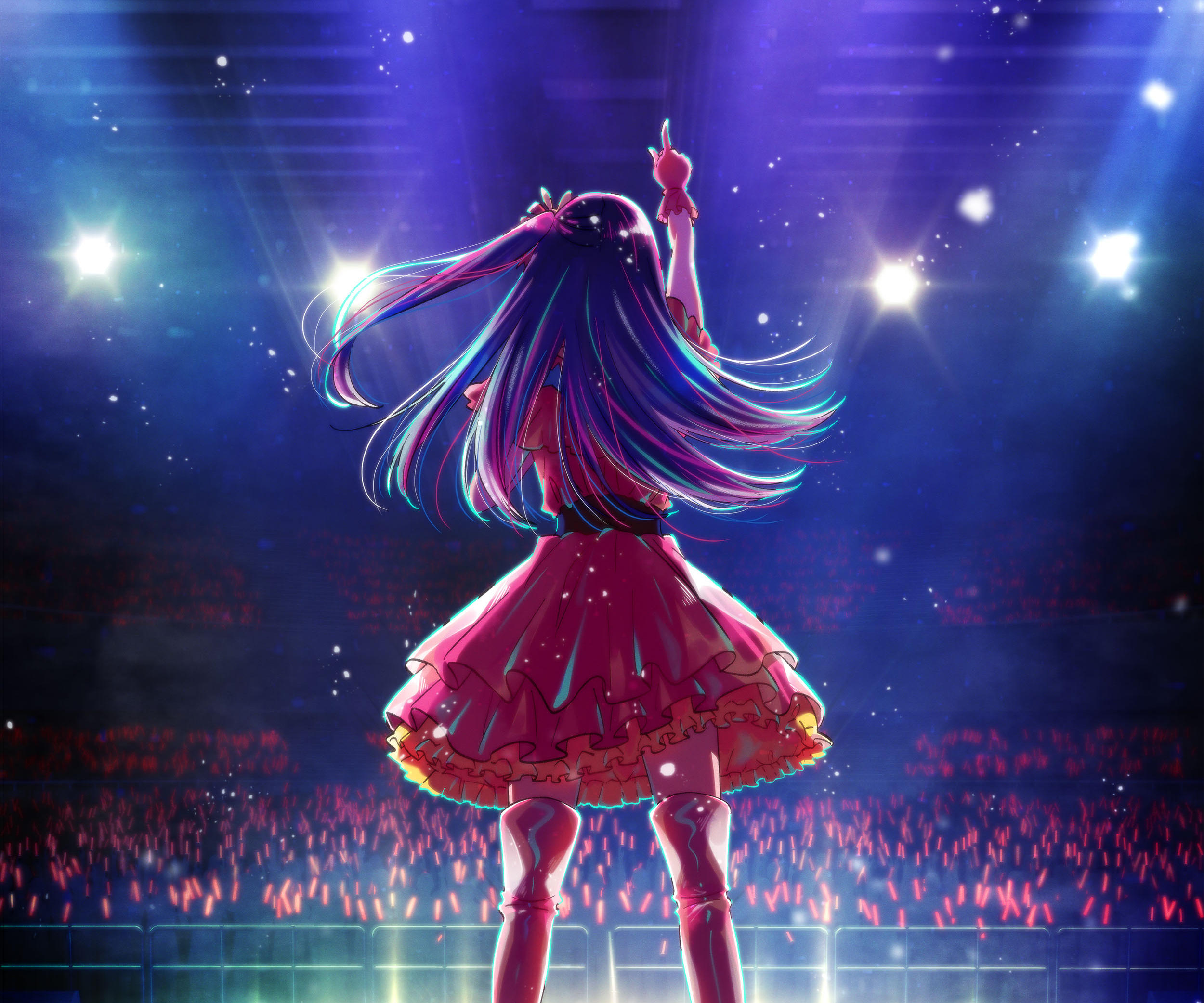 Hoshino Ai Oshi No Ko Anime Girls Long Hair Gloves Finger Pointing Stages Stage Light Dress Lights 2500x2083