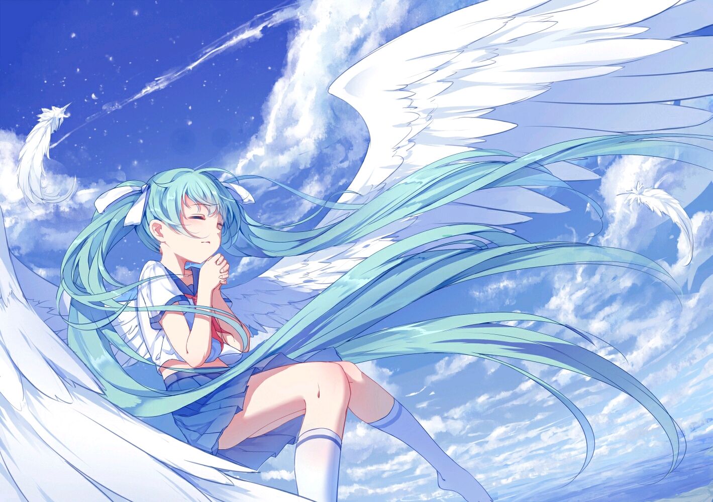 Hatsune Miku Anime Girls Vocaloid Closed Eyes Wings School Uniform Clouds Sky Long Hair Twintails Bl 1419x1000