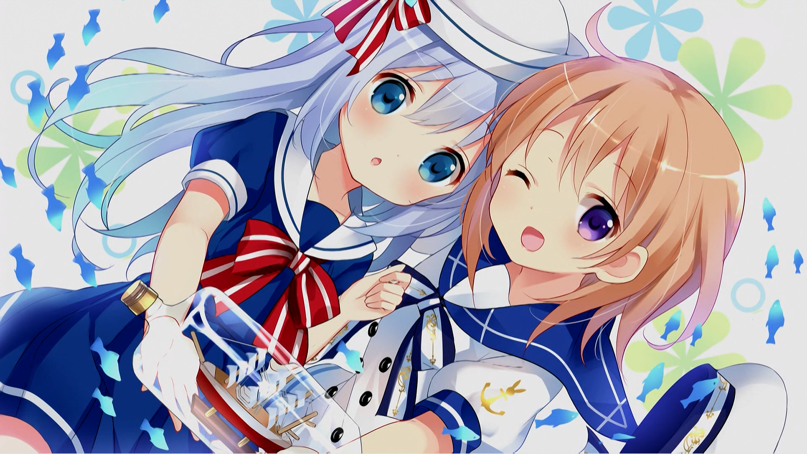 Anime Anime Girls Gochuumon Wa Usagi Desu Ka One Eye Closed Blushing Bottles Ship Bow Tie Looking At 1602x902