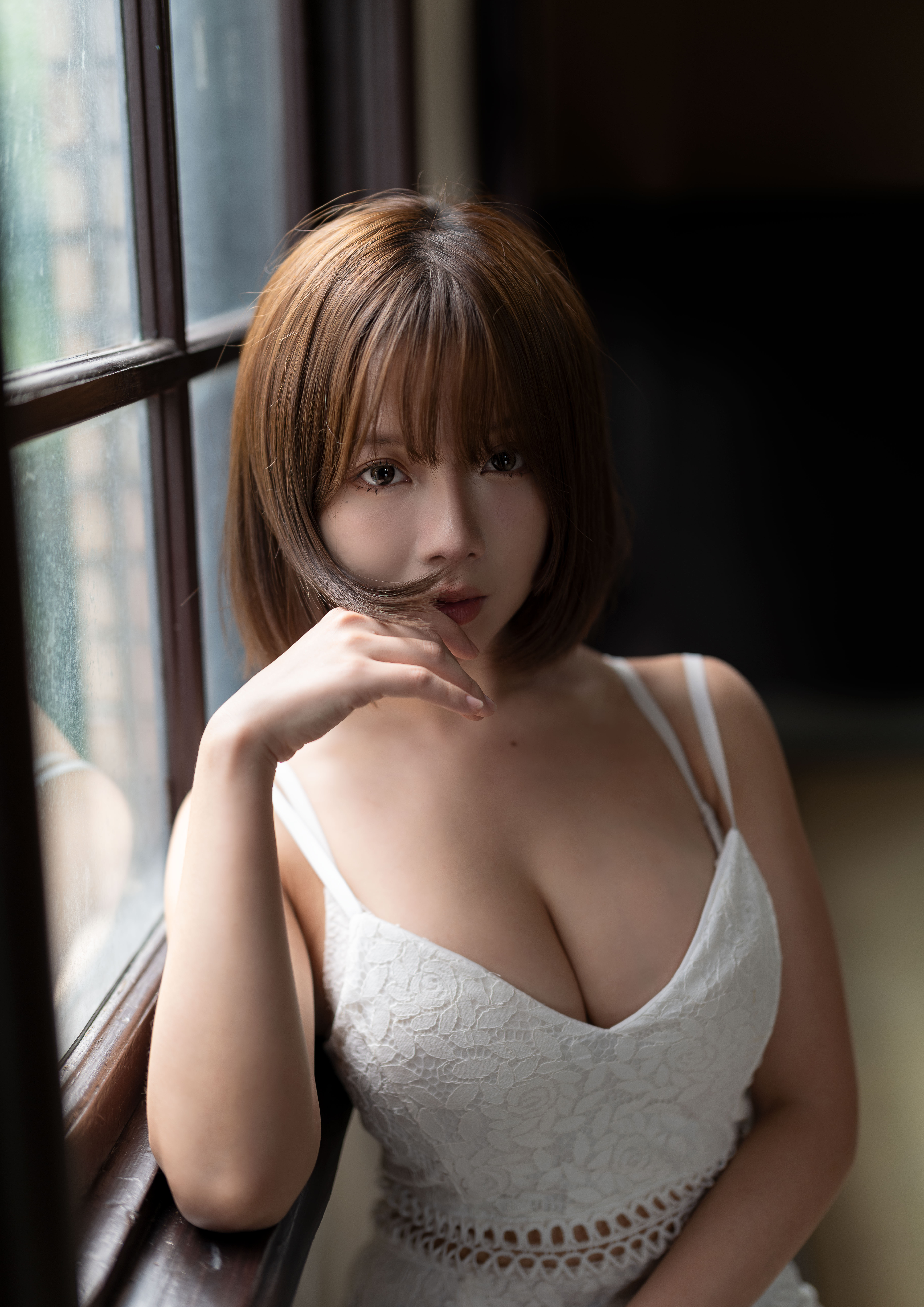 Chou Hsuan Yung Women Asian Bob Hairstyle White Dress Window 5584x7900