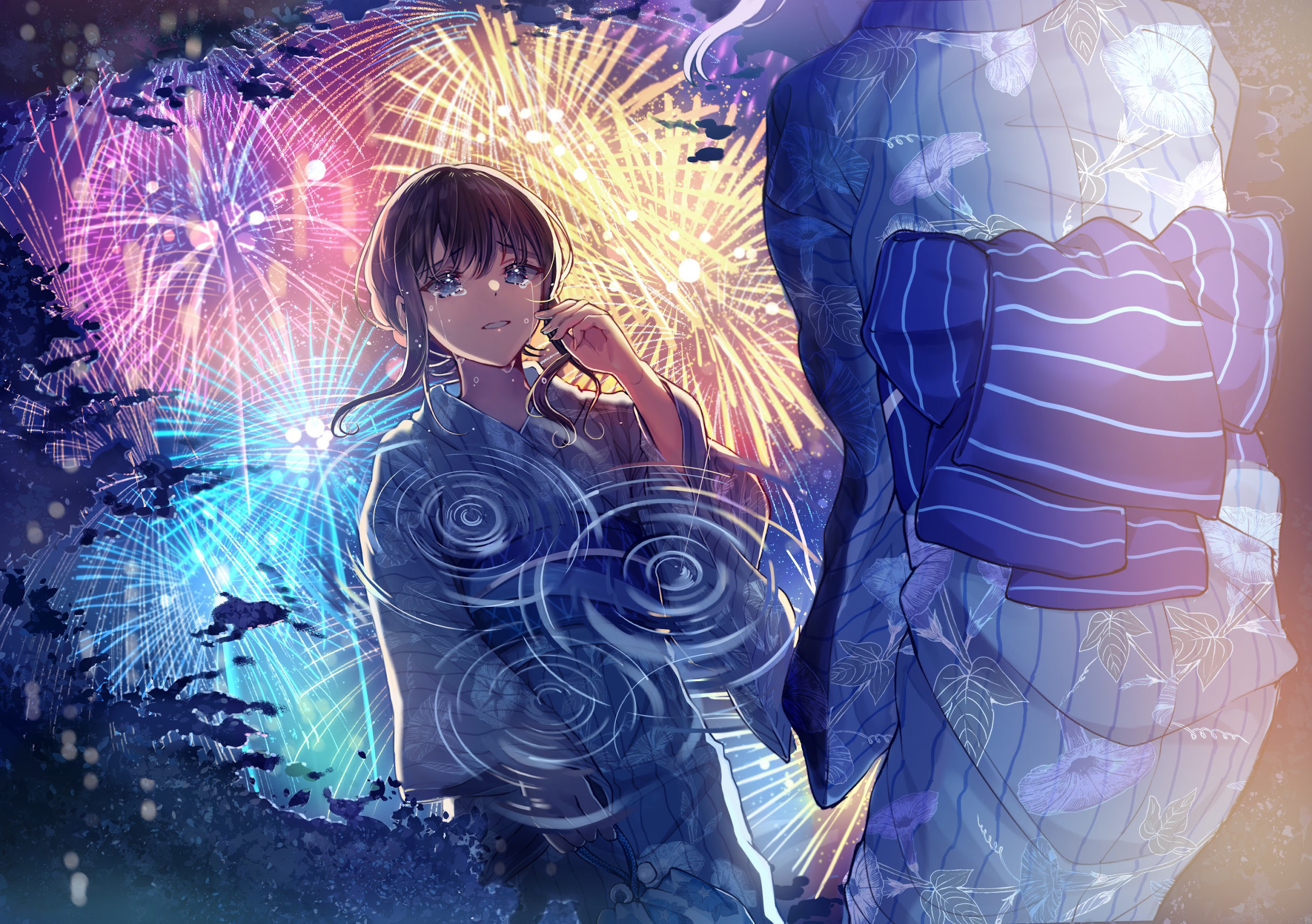Anime Pixiv Anime Girls Reflection Fireworks Water Kimono Digital Art Tears Crying Standing 2436x1716