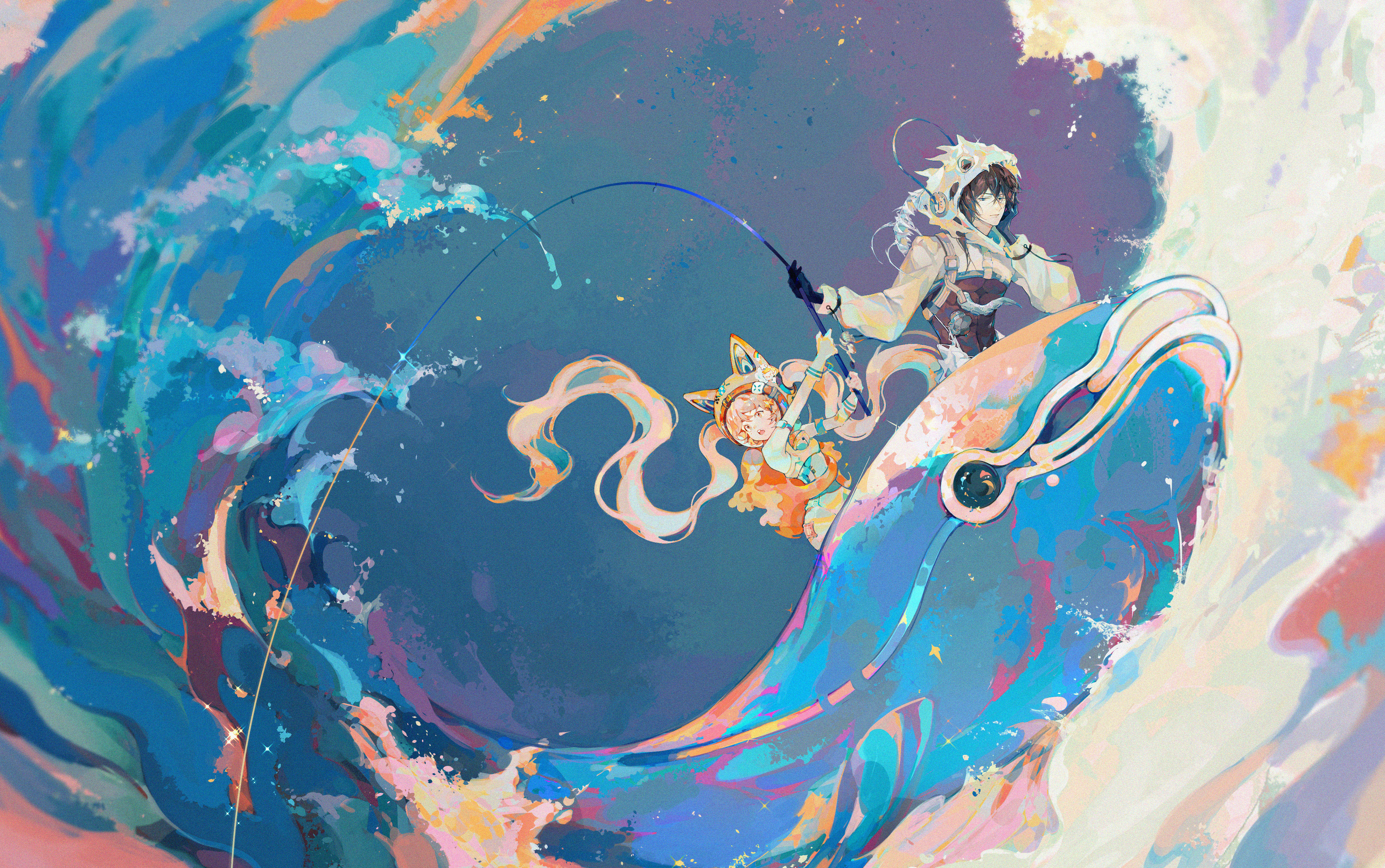 Shu Xing Artwork Whale Sea Fishing Astronaut Water Anime Boys Anime Girls Animal Ears Cat Ears Twint 5000x3135