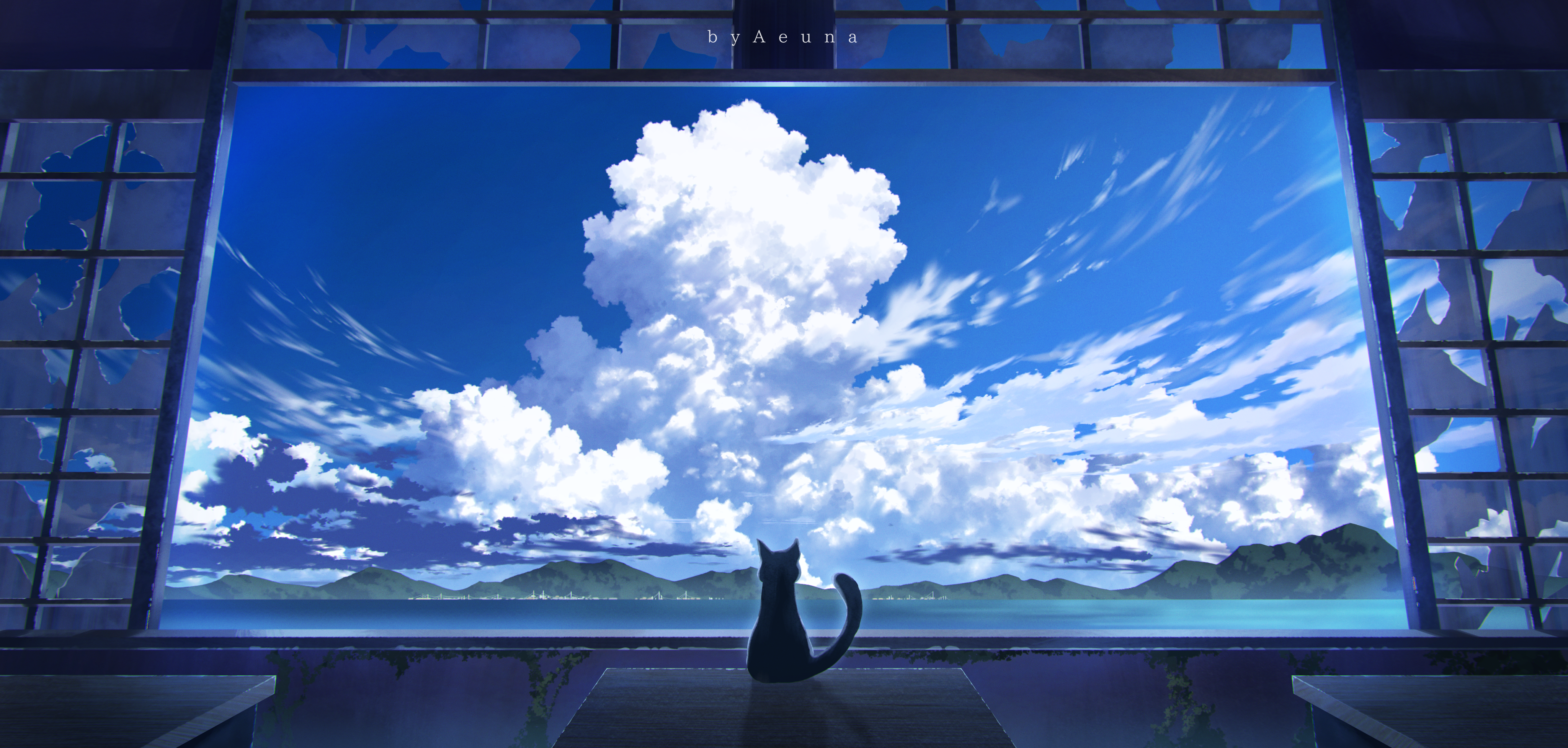 Digital Art Artwork Illustration Window Cats Animals Landscape Clouds Sea Water Mountains 4096x1954