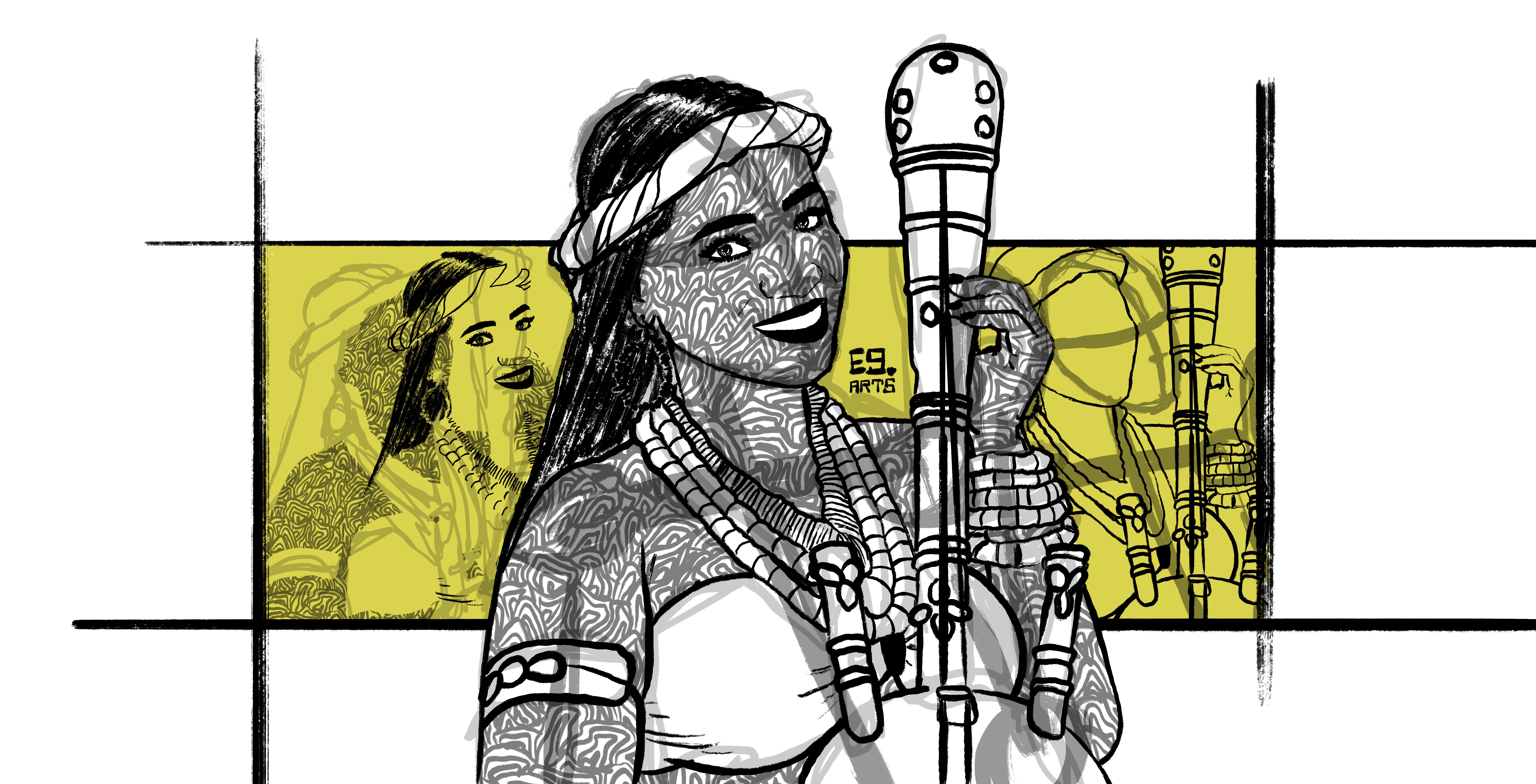 Drawing Smile Looking At Viewer African Music Culture Sketches 8109x4141