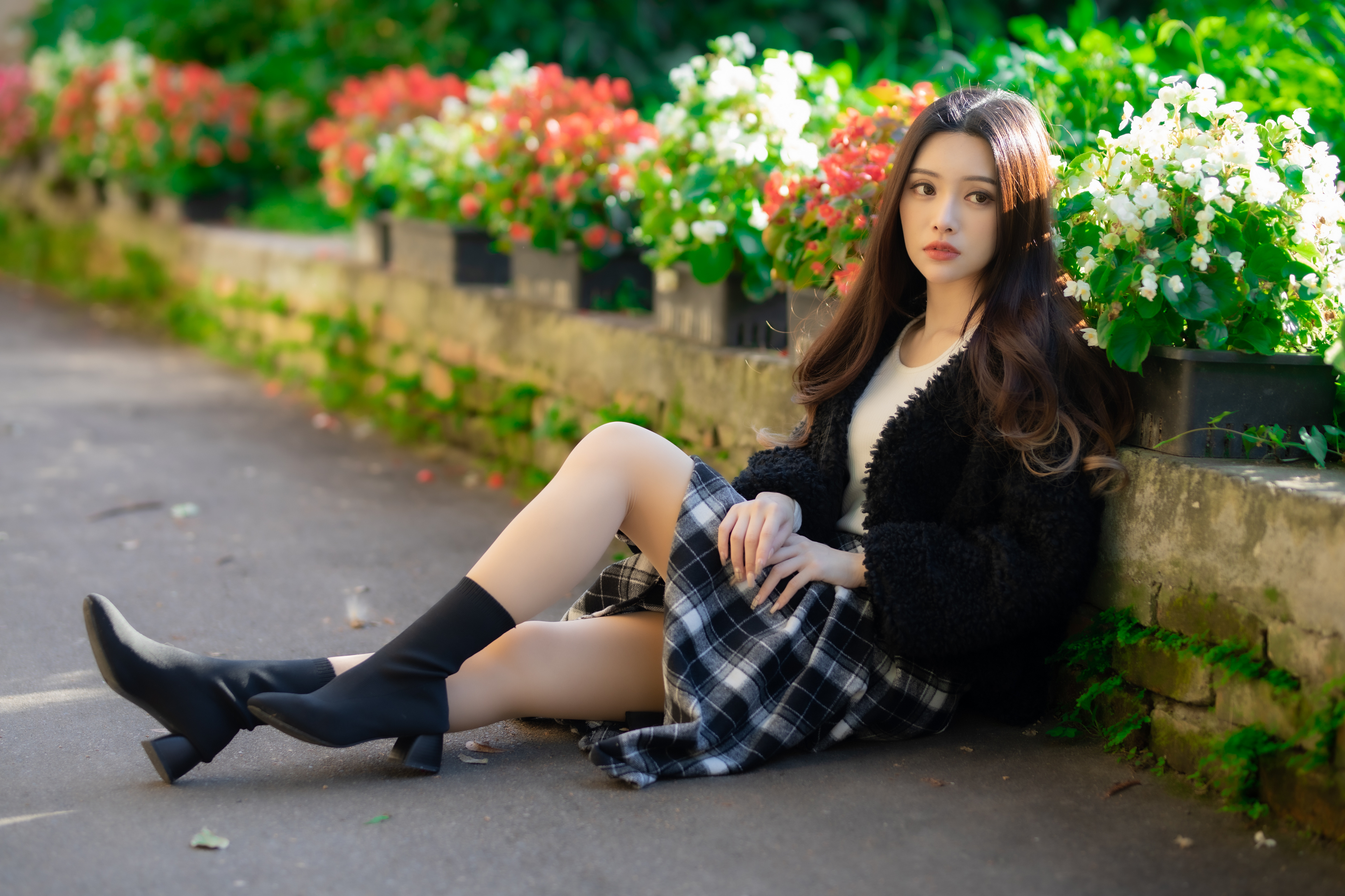 Asian Model Women Long Hair Dark Hair Sitting Black Jackets Brunette 3840x2560